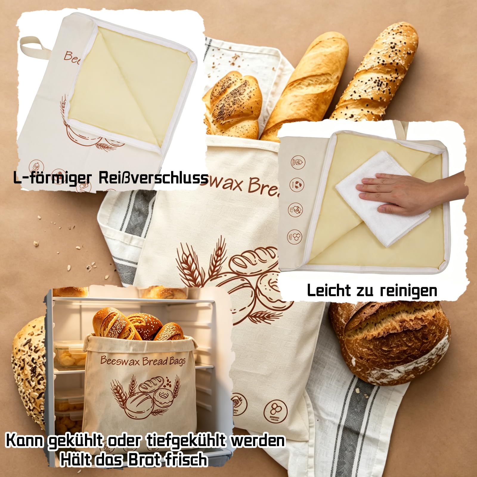 Set di 2 sacchetti per il pane, 41 x 31 cm, in cera d'api, riutilizzabili, per la conservazione del pane, la conservazione di prodotti da forno