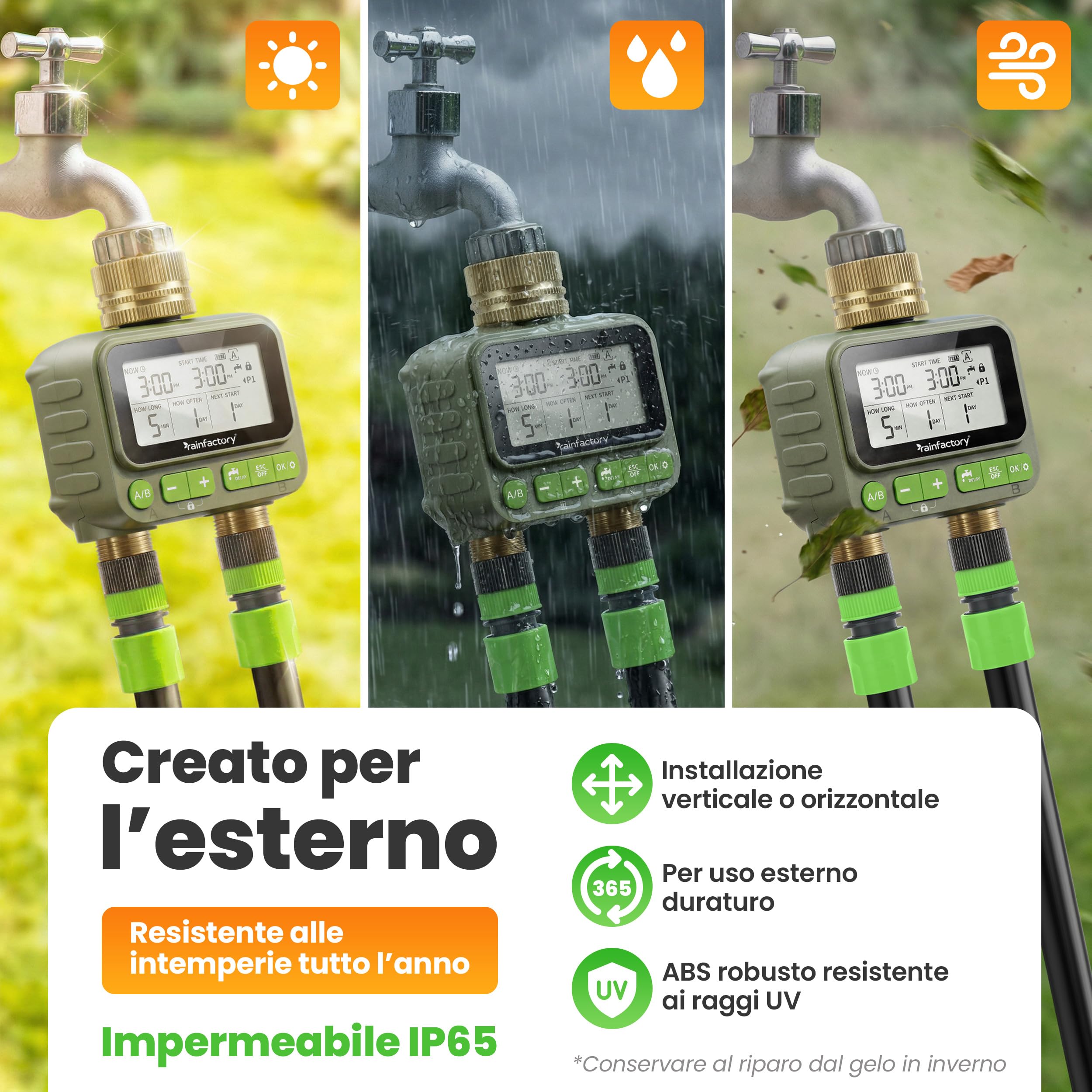 rainfactory - timer irrigazione 2 vie, centralina irrigazione a batteria IP65 con display LCD, 4 programmi, manuale, delay pioggia, raccordo ¾" per giardino, balcone, vasi, goccia a goccia domestico!