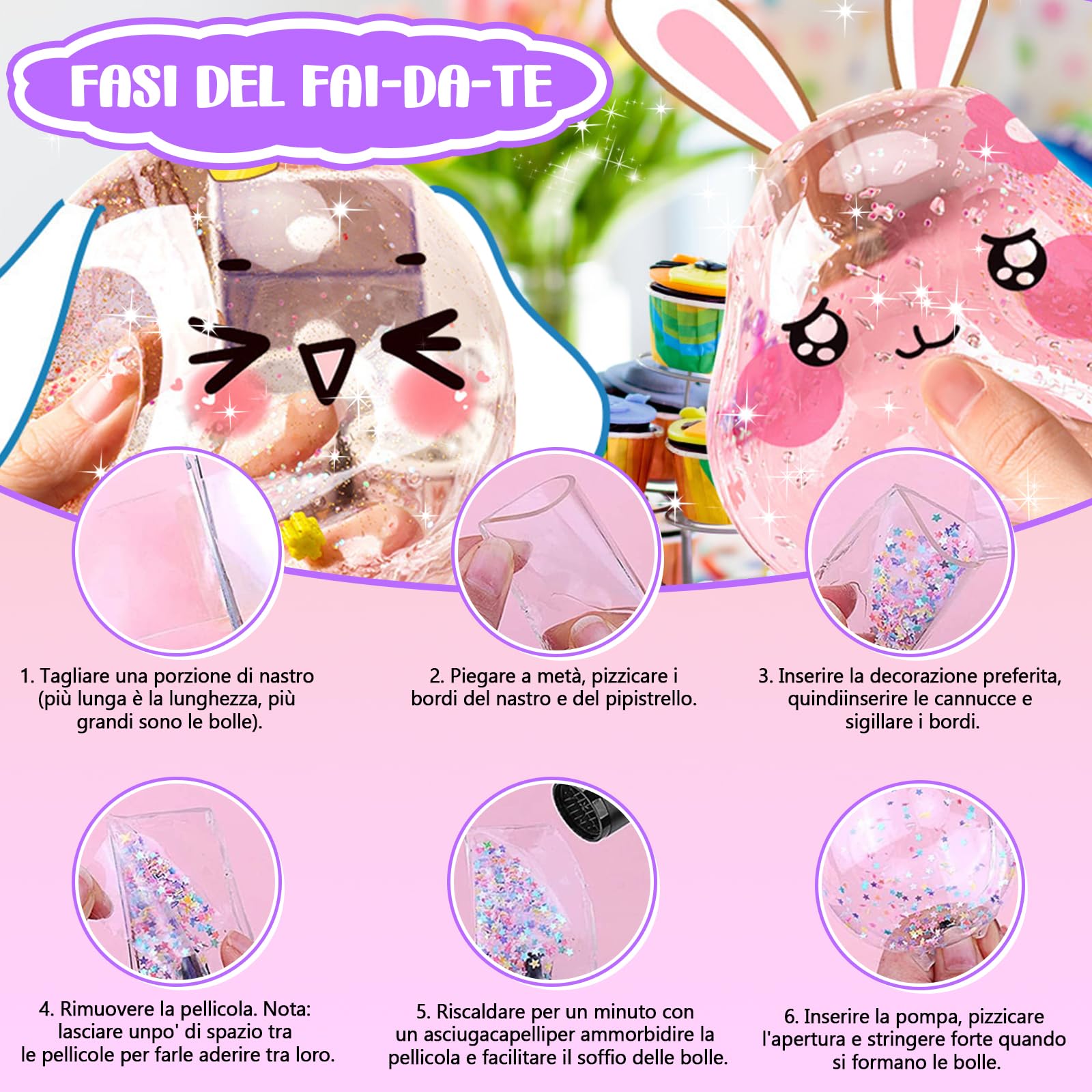 Herenear 64 Pezzi Nano Tape Bubble Kit, 5 Nano Tape + 59 Accessori Nano Bolle Soffianti, Kit Nastro Nanoband Adesivo per Bolle Soffiabili Bambini
