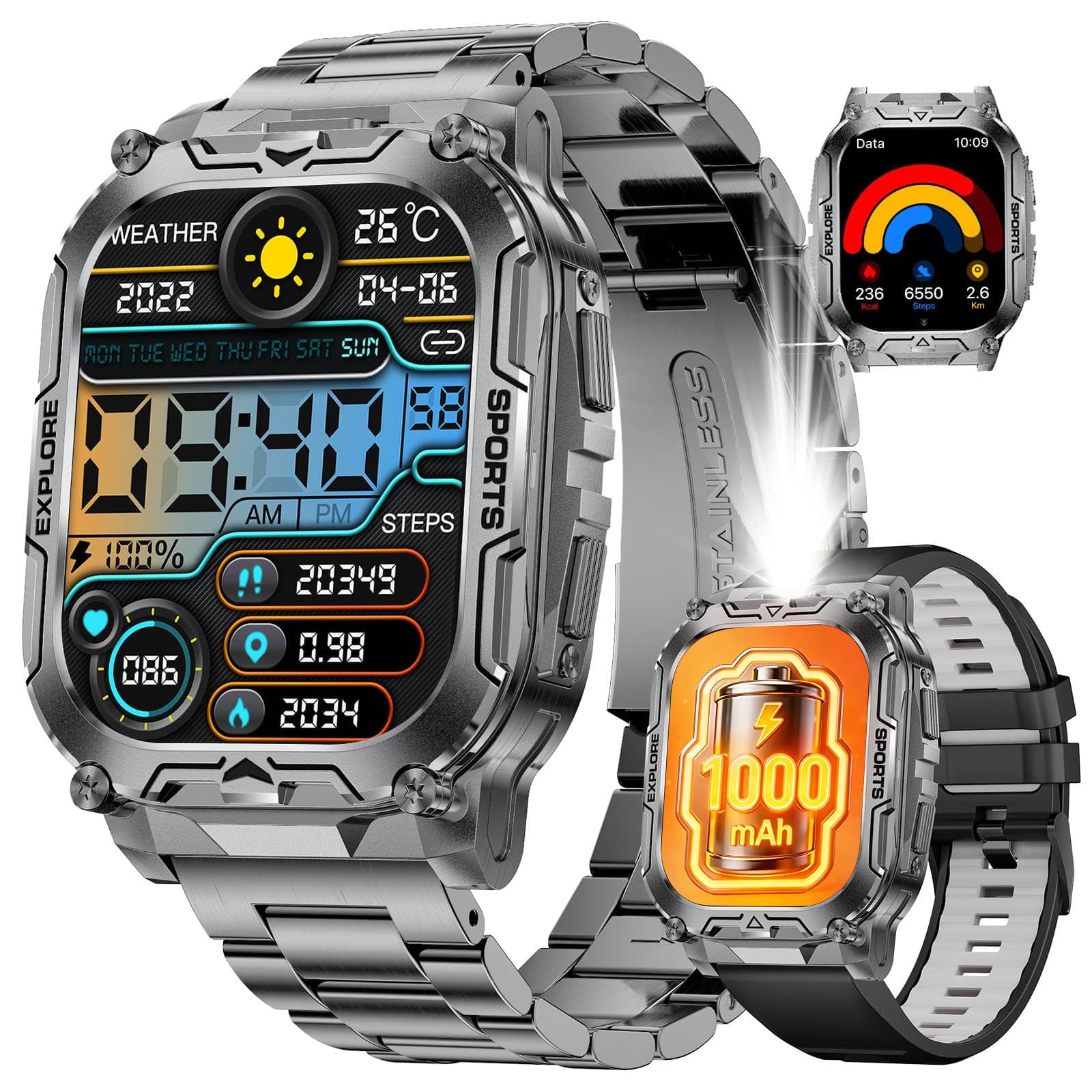 SUNKTA Montre Connectée Homme,1000mAh Longue Autonomie Batterie/1.7‘’ Grand Écran avec Appels/Lampe de Poche/IP68 Étanche Fréquence Cardiaque/Pédomètre,3 Bracelet Smartwatch pour Android iOS