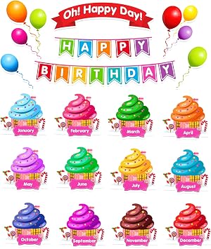 EAMAY Happy Birthday Bulletin Board Sets, Preschool & Kindergarten Classroom Decorations, Back to School Classroom Supplies, Cardstock Colorful Cutouts Rainbow