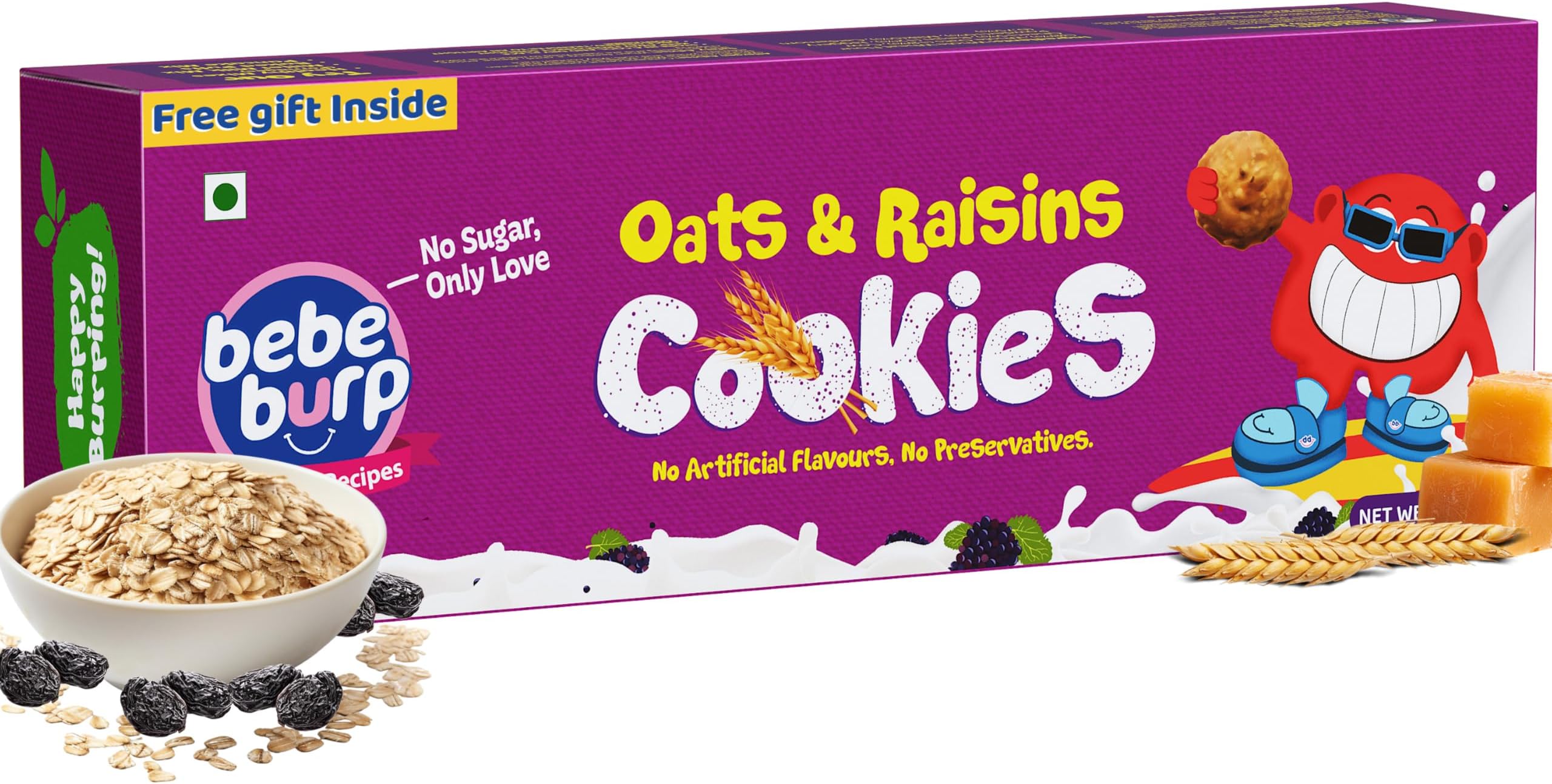 - BE'BE' BURP - Oatmeal Chocolate Chip & Raisins Cookies - Organic Tasty & Healthy Cookies for Childrens | No Artificial Preservatives & Flavours | Natural Sweetness Of Jaggery Biscuits | 150Gm