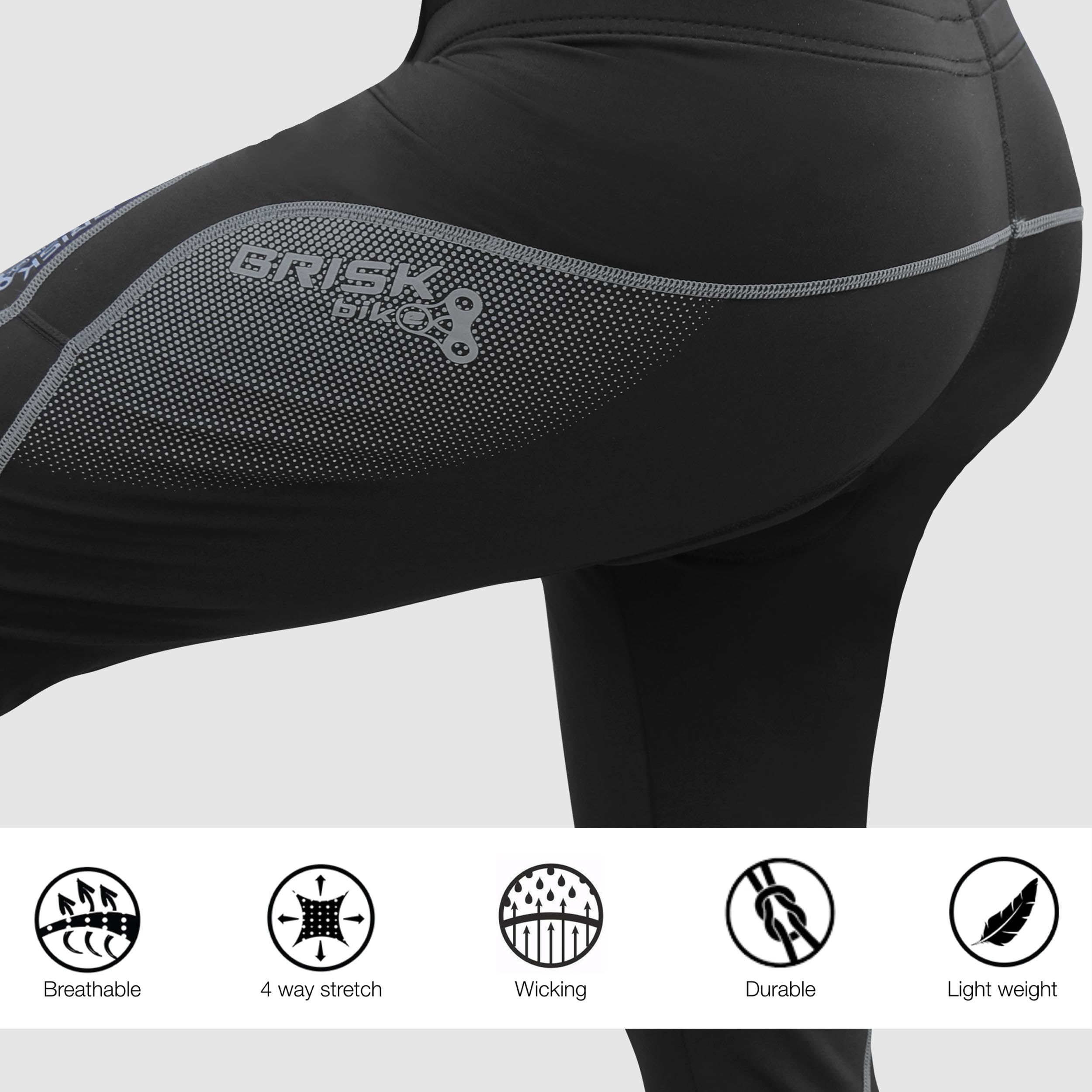Brisk Bike Pantalon Cycliste Homme Long avec Fermetures éclair réfléchissantes, Extensible, rembourré, en Coolmax Pantalon Velo