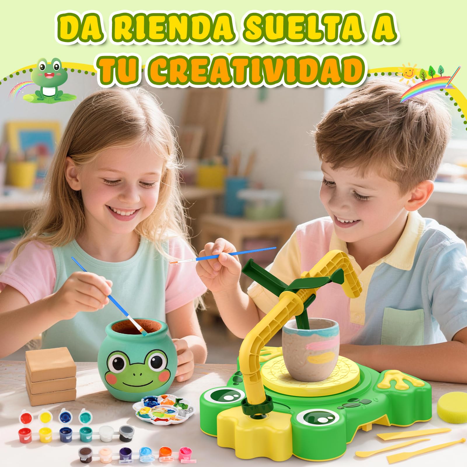 Naxudcoo Torno de Alfarería para Niños, Kit Manualidades Niños con Arcilla y Pinturas, Kit de Cerámica de Rana, Juguete Educativo de Manualidades, Regalo de Cumpleaños para Niñas 6+ Años