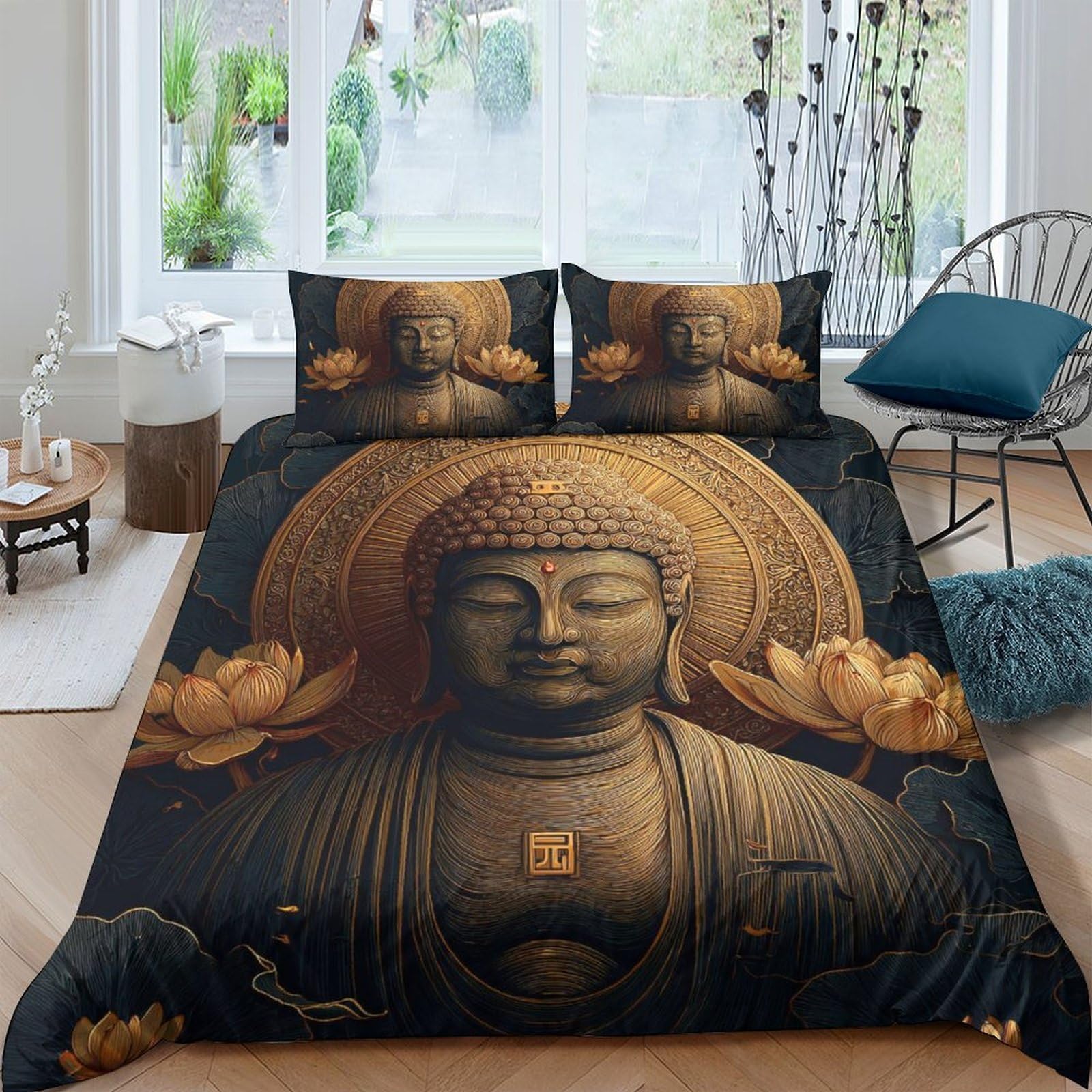 Ctjqhvkz Style-3 3D Printed Golden Buddha Fitted Sheet Microfiber Soft Anti-Slip Lotus Bed Cover For Bedroom Living Room Dorm Decor Single（135X200cm）