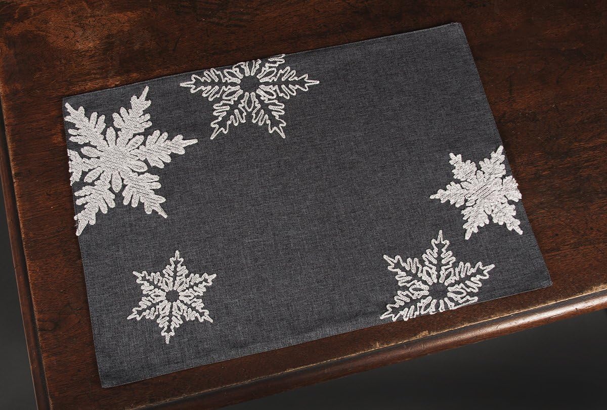 XD17141 Glisten Snowflake Embroidered Christmas Placemats, 14 by 20-Inch, Set of 4, Grey