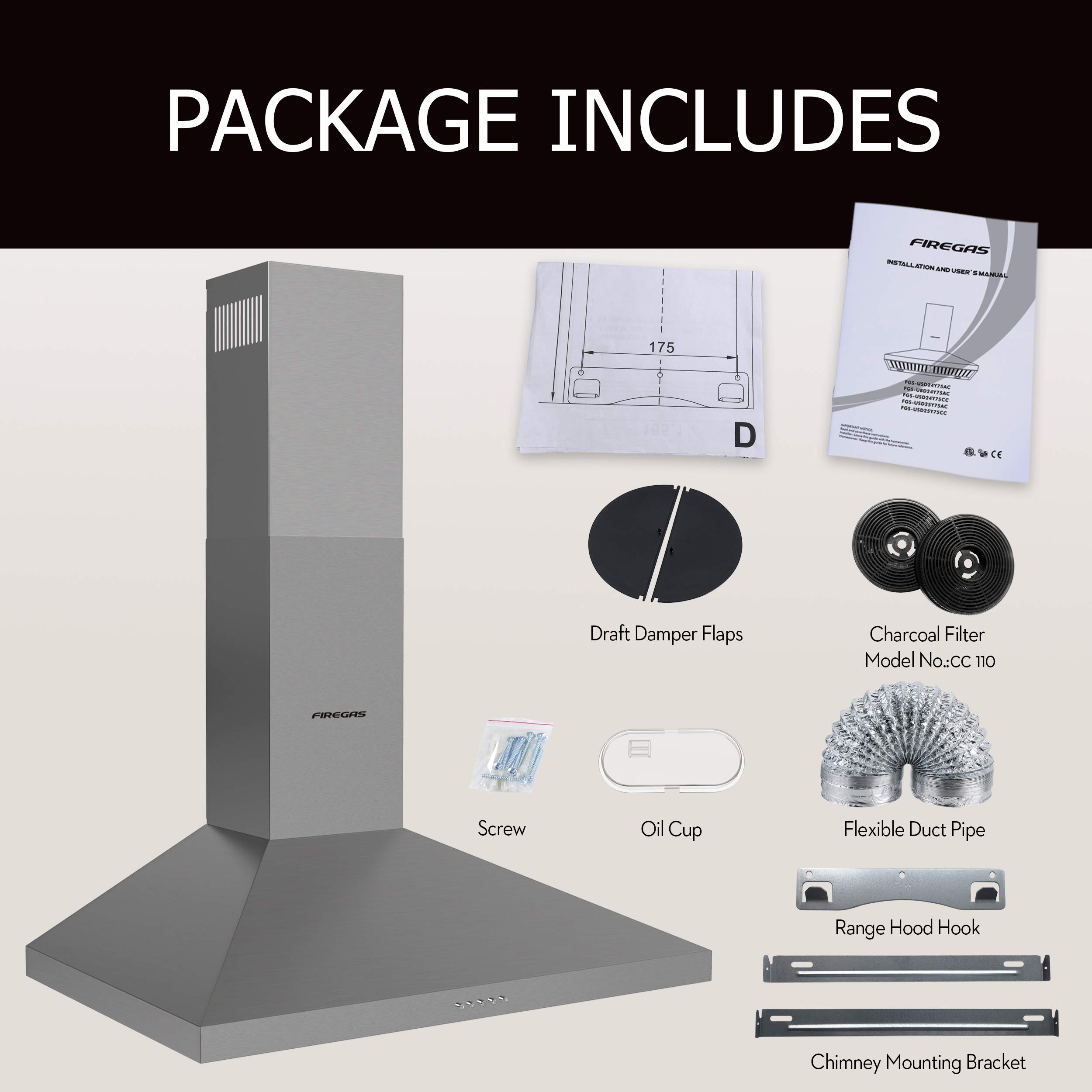 FIREGAS 30 inch Wall Mount Range Hood, Stainless Steel Stove Vent Hood