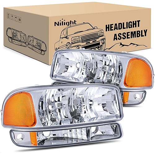 Nilight Headlight Assembly Compatible for 1999 2000 2001 2002 2003 2004 2005 2006 GMC Sierra Yukon, Chrome Housing Amber Corner Clear Lens, Headlights Assembly Replacement