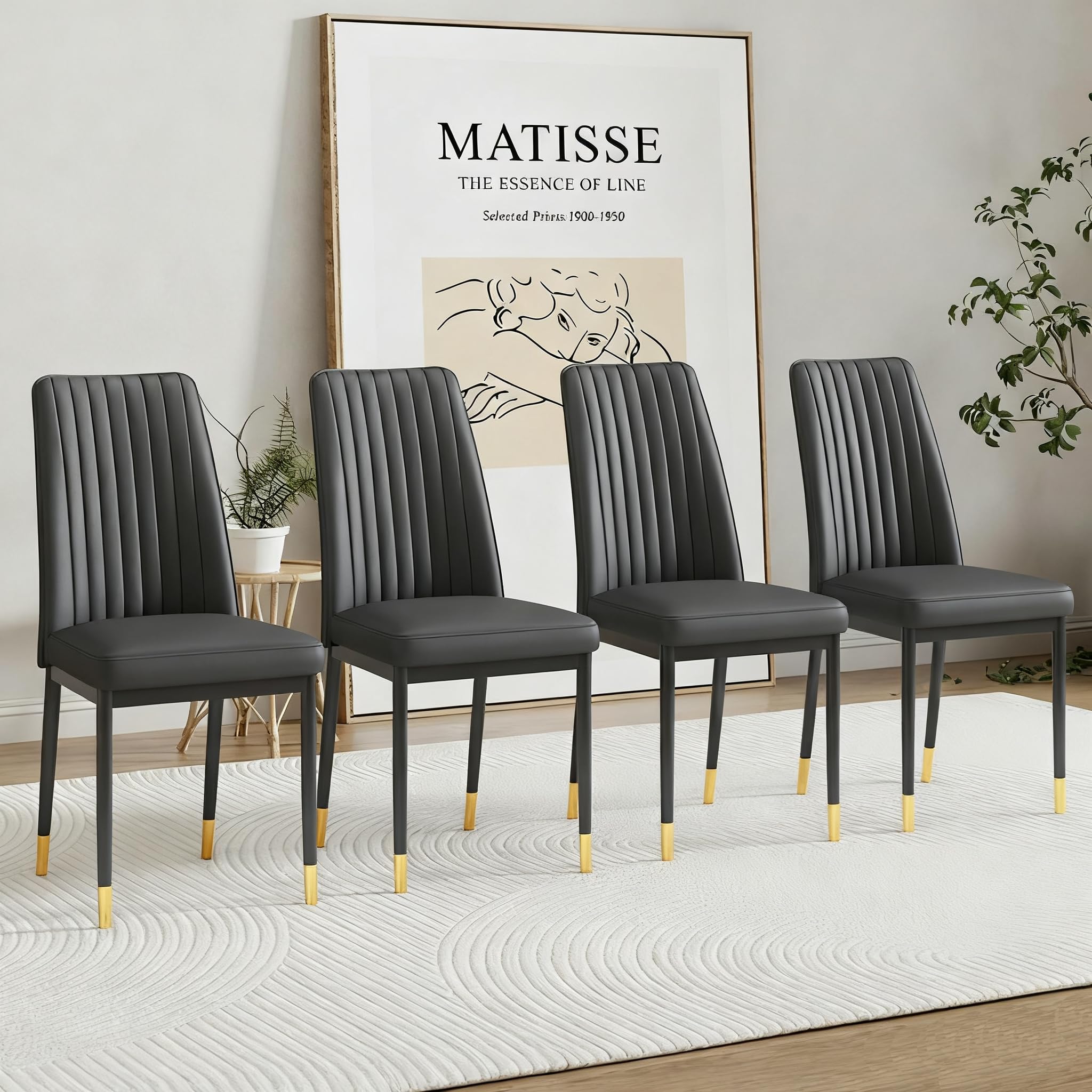 Black Metal Chairs, Modern Dining Chair Set of 4 with PU Leather and Black Leg High Back, Sillas para Comedor for Dining Room, Kitchen, Living Room (BK-4)