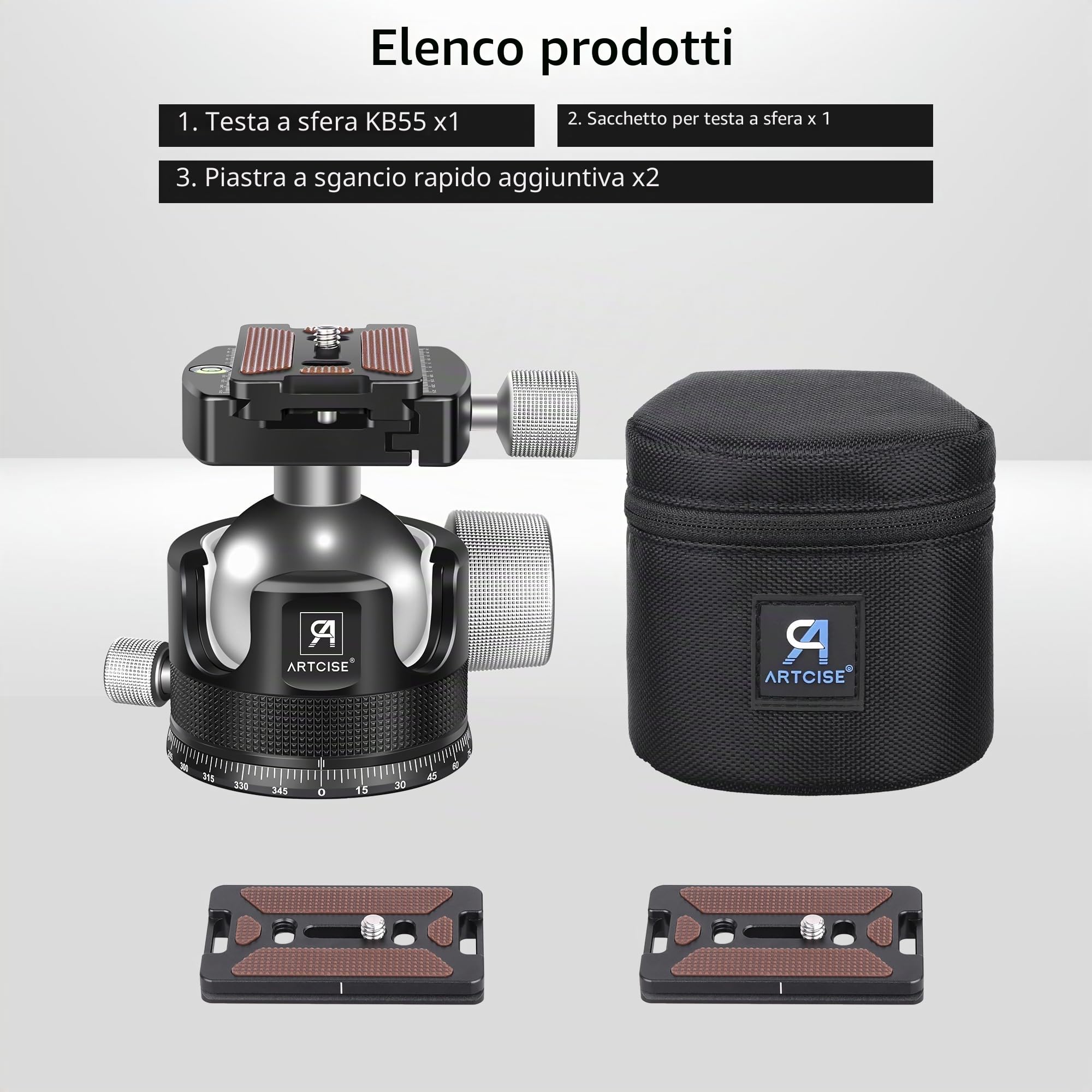 Testa a sfera a basso profilo da 55 mm, testa per treppiede per impieghi gravosi ARTCISE KB55 interamente in metallo con 3 piastre a sgancio rapido da 1/4" per treppiede, DSLR, carico massimo 40 kg