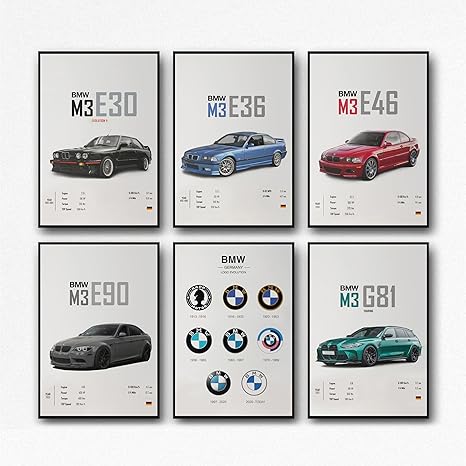 BMW M3 Collection Posters 6PCS BMW E30 E36 E46 E90 G81 Posters For Boys Bedroom Men Cave Car Aesthetics Poster(Unframe,8x12inch,6 PCS)