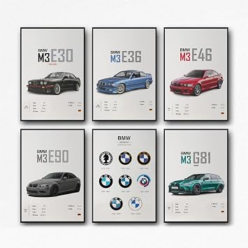 XUPUE BMW M3 Collection Poster 6pcs BMW E30 E36 E46 E90 G81 Poster Boy Bedroom Man Cave Car Aesthetic Poster No Frame, 8x12 inch, 6pcs