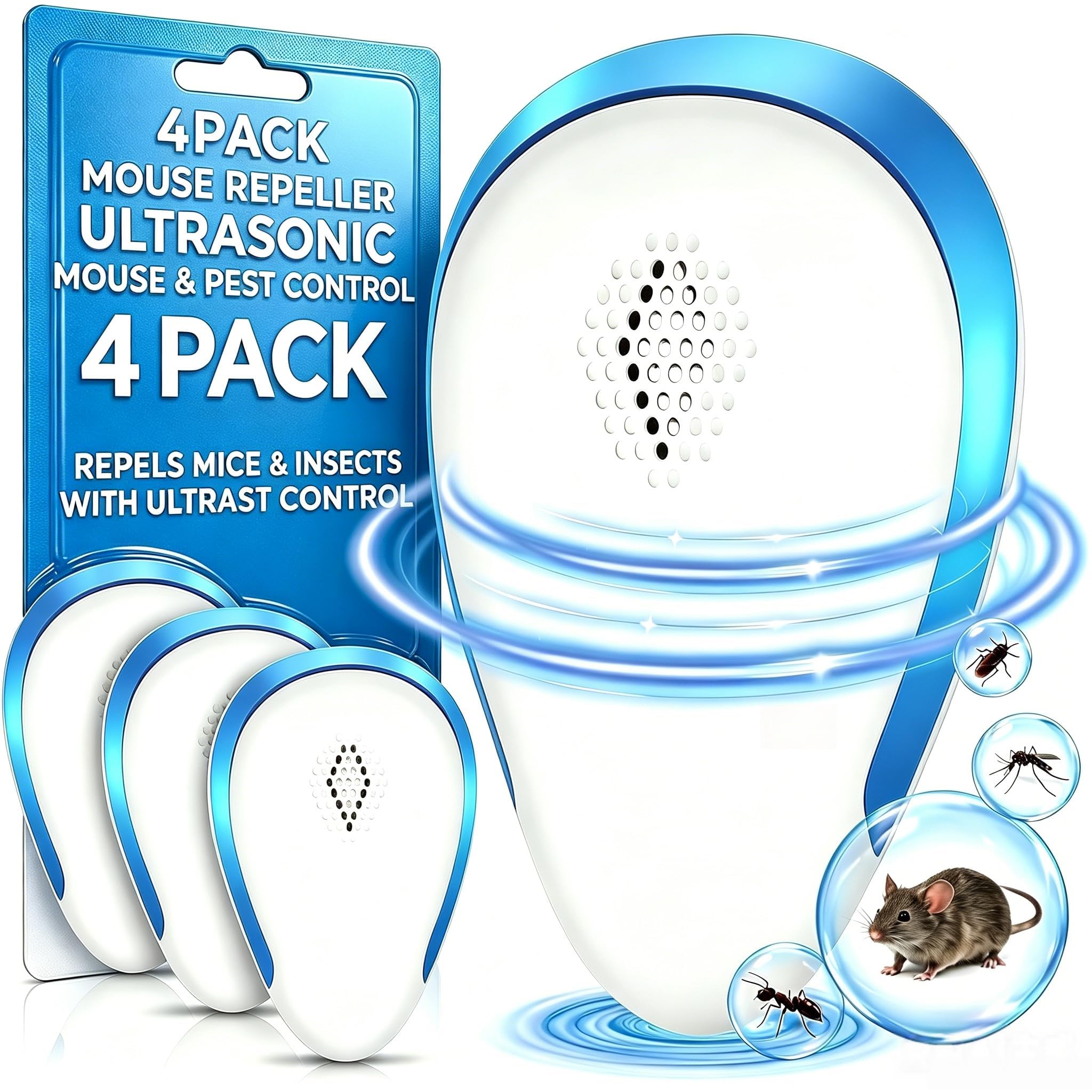 Padonco Ultrasonic Pest Repeller Plug In – 4 Pack Mouse Repeller for Home, Flat, Garage & Office, Rodent Control for Mice Rats, Repels Ants, Spiders, Mosquitoes, Safe for Pets & Children (Blue)