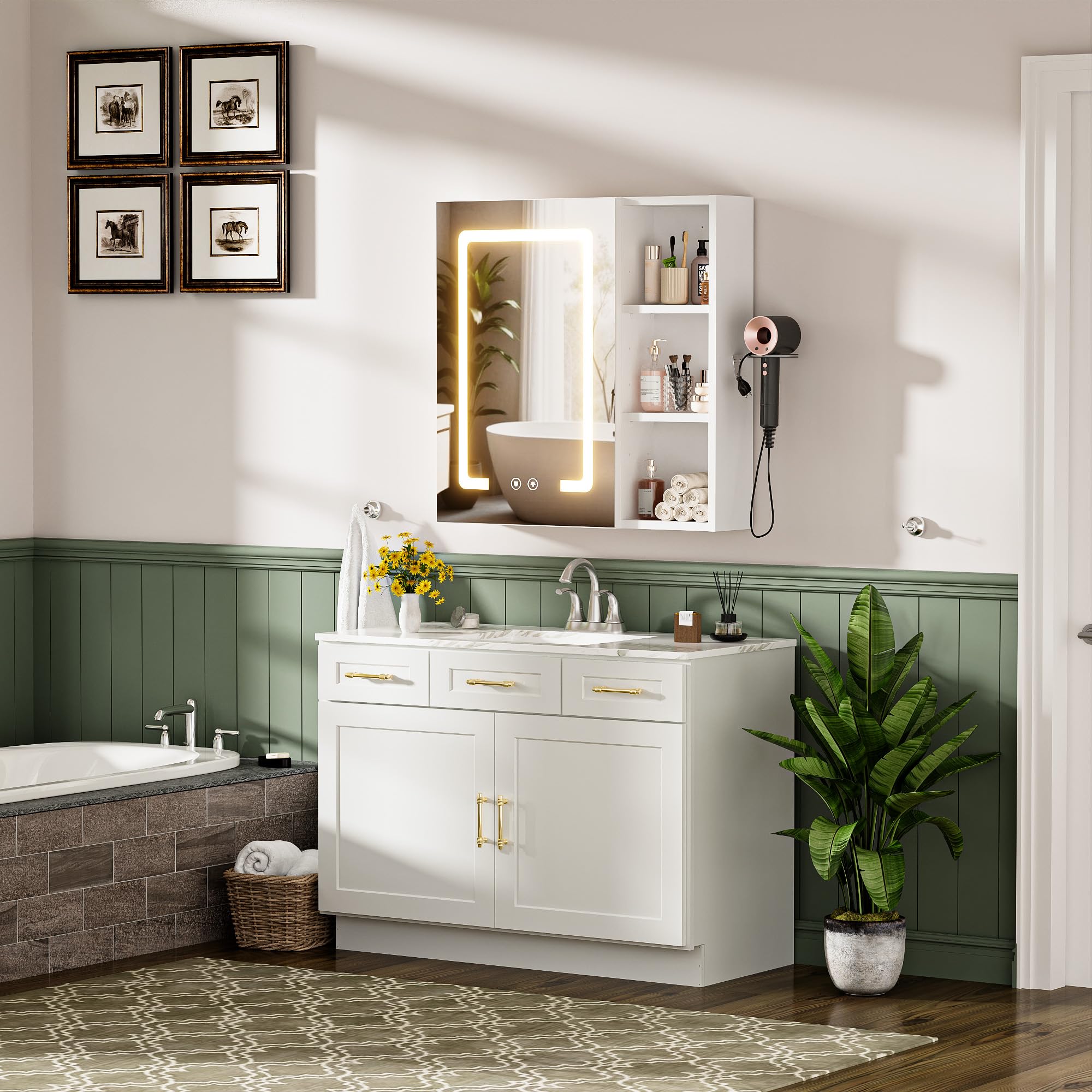 Armario Baño con Espejo LED iluminación y Función de desempañadora Armario Baño Espejo de Pared con 3 Estanteria Ajustables y Soporte para Secador de Pelo 60x60x15 cm Blanco