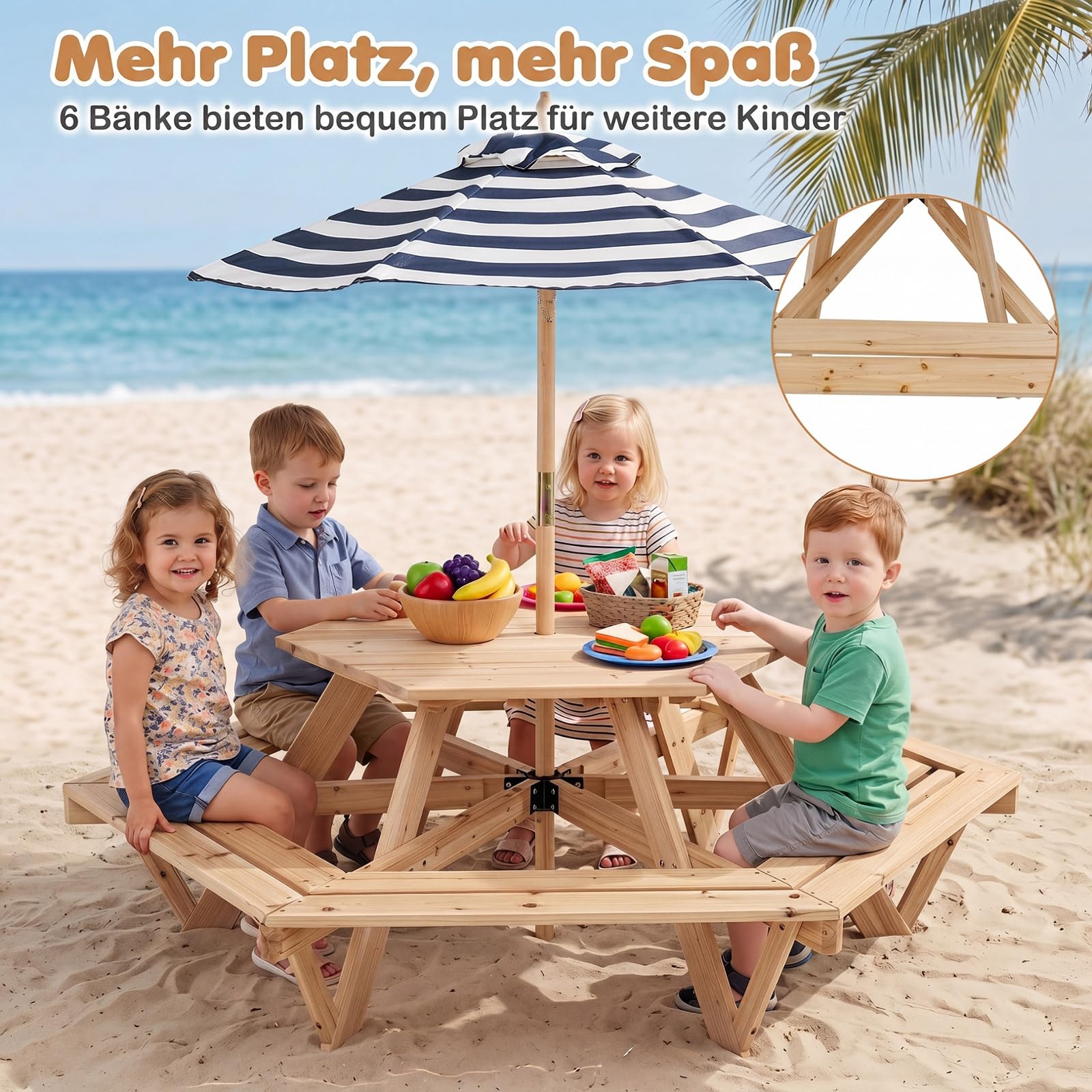 COSTWAY Kindersitzgruppe Outdoor mit höhenverstellbarem Sonnenschirm | Kinder Picknicktisch sechseckig mit Bänken, Kindersitzgarnitur für 6 Personen, Gartenmöbel aus Holz für Garten, Terrasse
