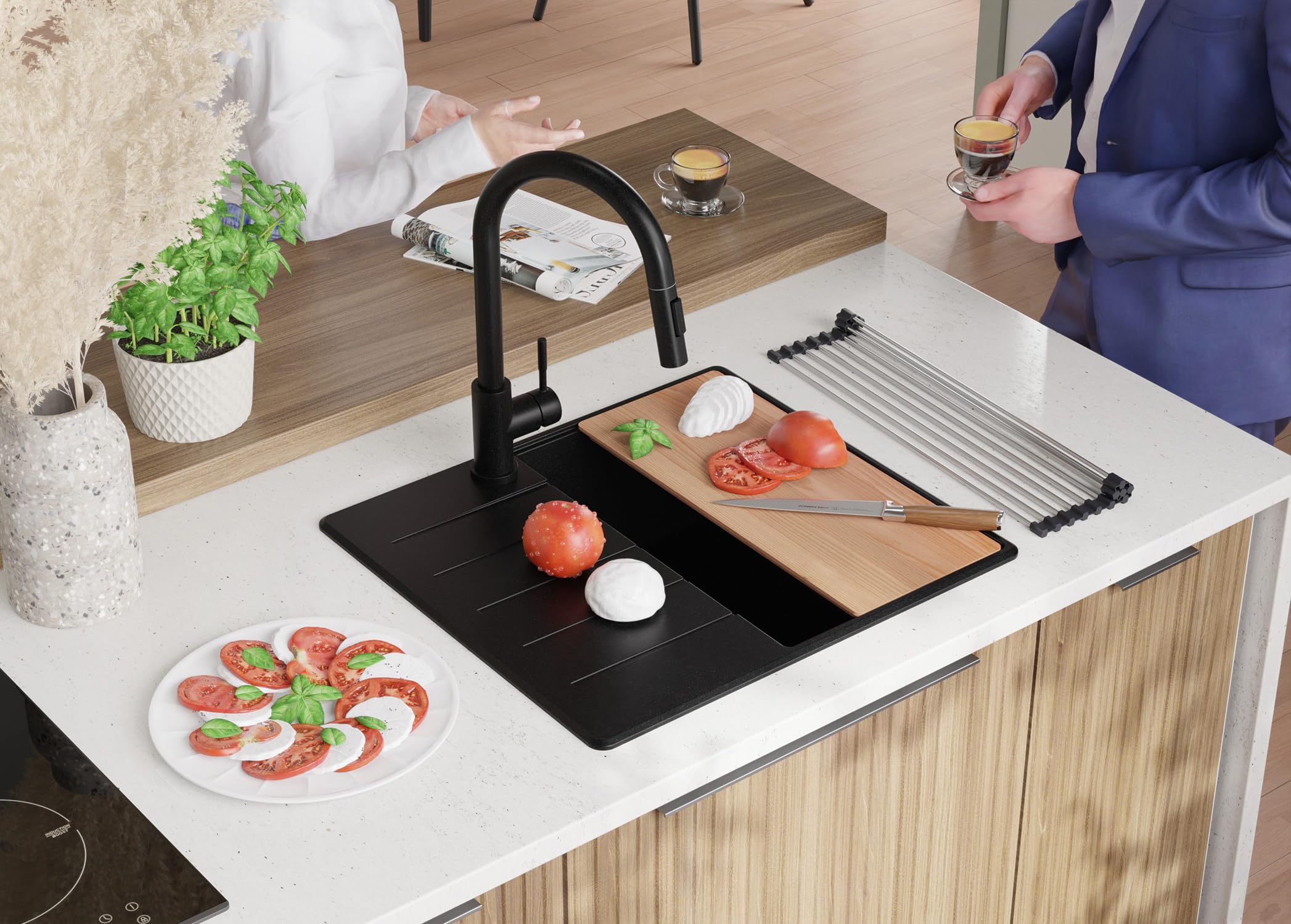 PRIMAGRAN Fregadero Granito Todo Negro - Copenhague Top, 55x50cm | Cocina 1 Seno + Grifo 32x20cm + Set de accesorios, sobre Encimera al Mueble 40cm (S092)