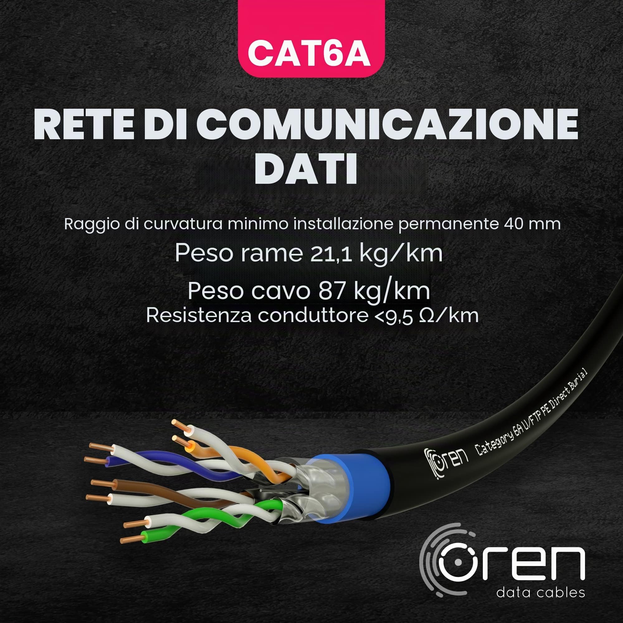 Oren CAT6A 50m Cavo Ethernet da Esterno - Interramento Diretto - 23 AWG Cavo in Rame Nudo – 500 MHz Larghezza Banda U/FTP Cavo di Rete LAN Internet, senza alogeni, anticorrosivo- 10GbE