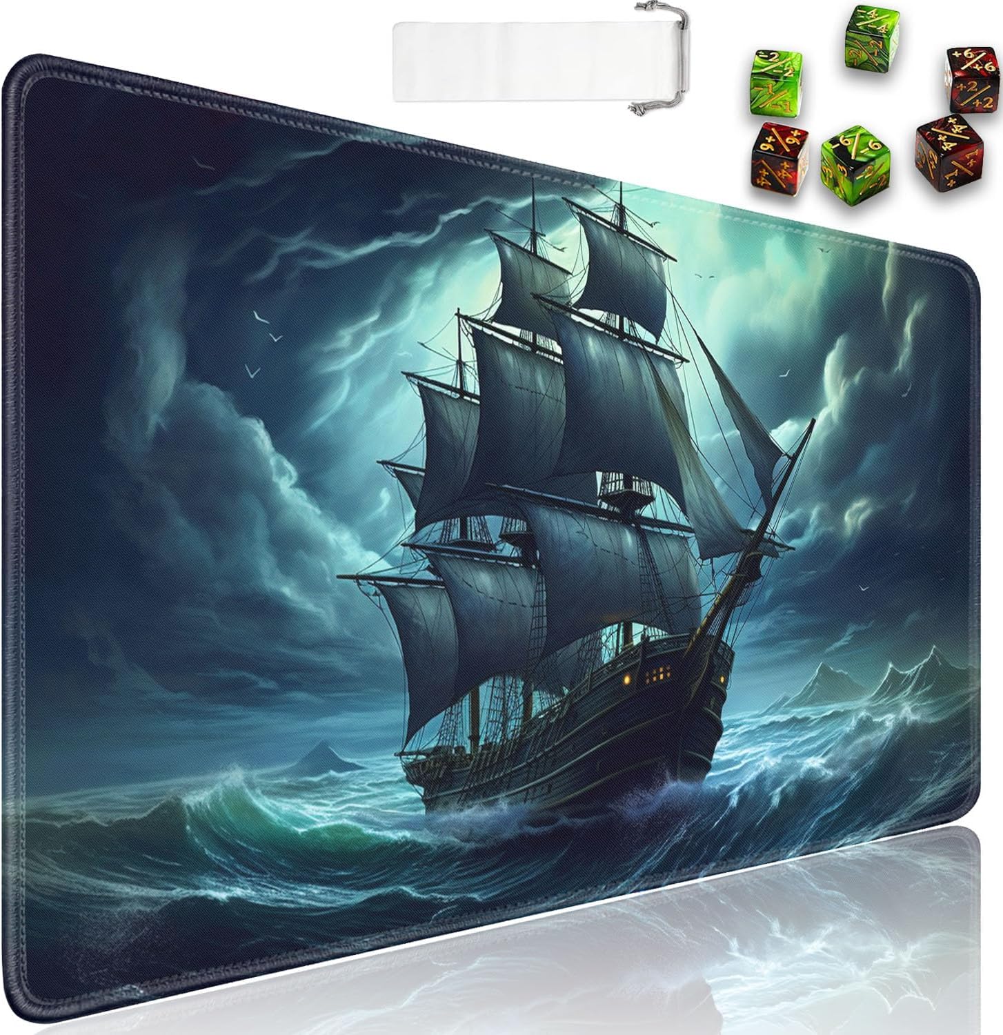 for MTG Playmat + Drawstring Travel Pouch + 6 Dice Counter, for Tabletop Trading Card Game Playmats or Mouse Pad, Anti-Slip Rubber 24 x 14 in, Pirate Ship for TCG Playmat