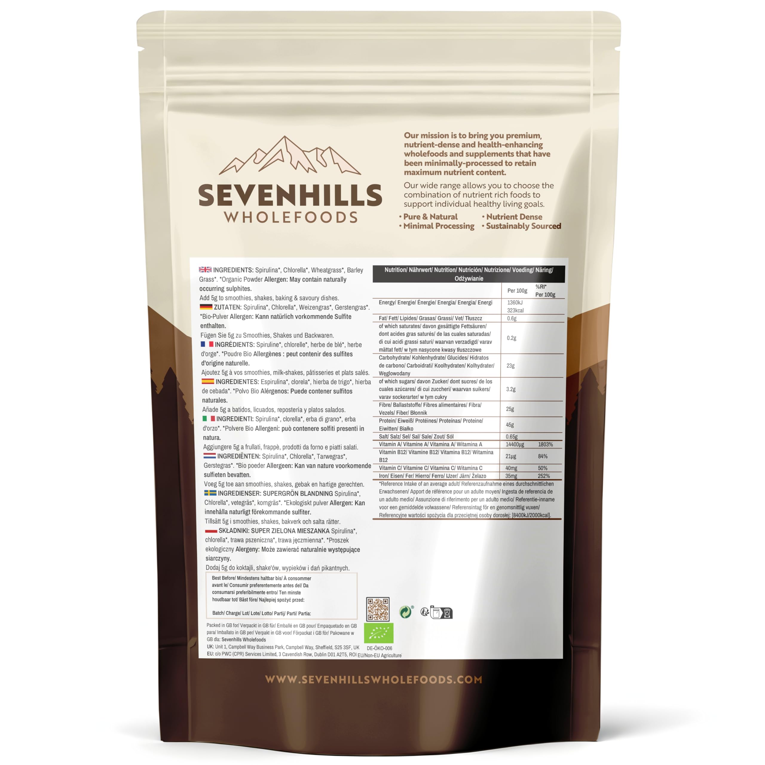Sevenhills Wholefoods Miscela Super Greens biologica con spirulina, clorella, erba di grano, erba d'orzo | Supporta l'immunità della pelle | 400g, 80 porzioni | Polvere di superalimenti verdi