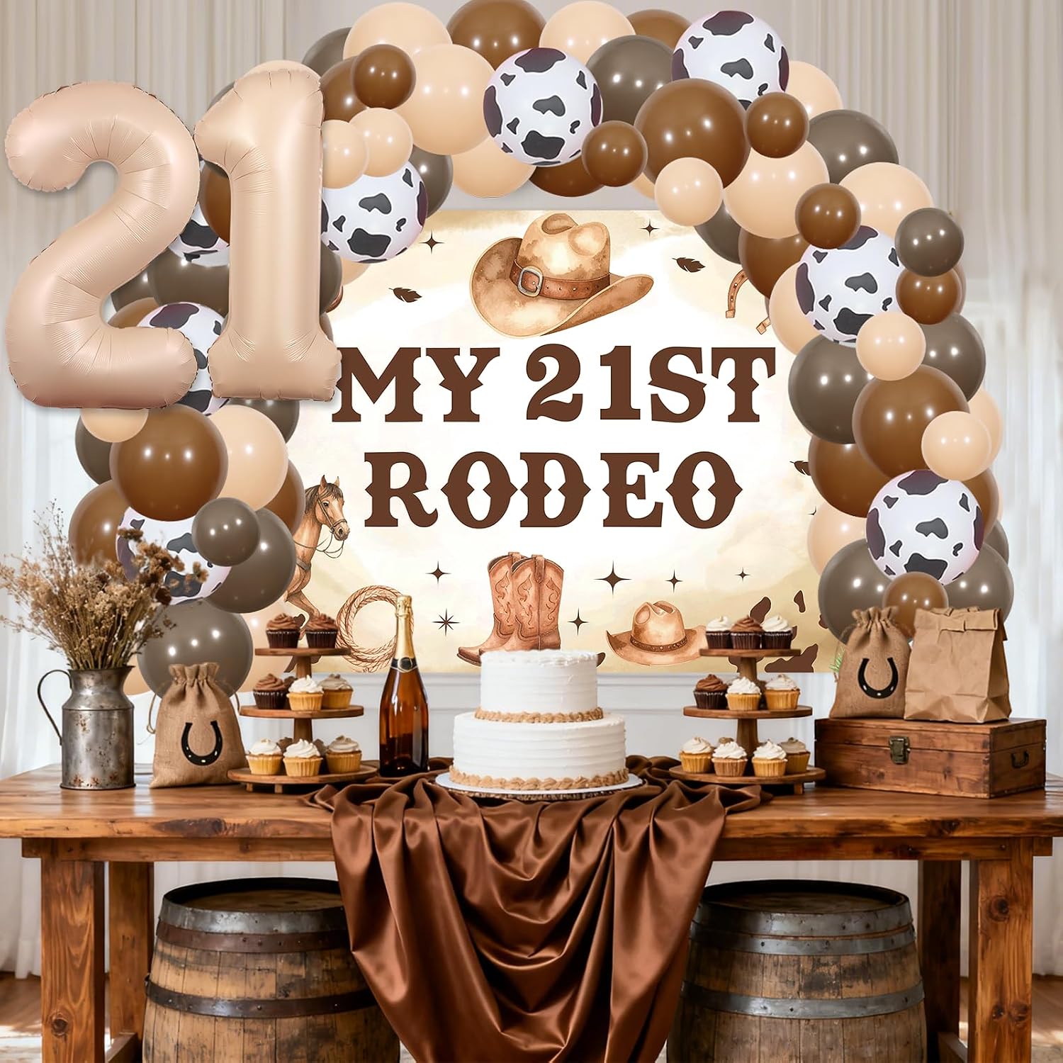 Cowboy 21st Birthday Decorations for Boys - Brown Balloon Garland Arch Kit with My 21st Rodeo Backdrop, Number Foil Balloons for Disco Western Wild West Theme Party