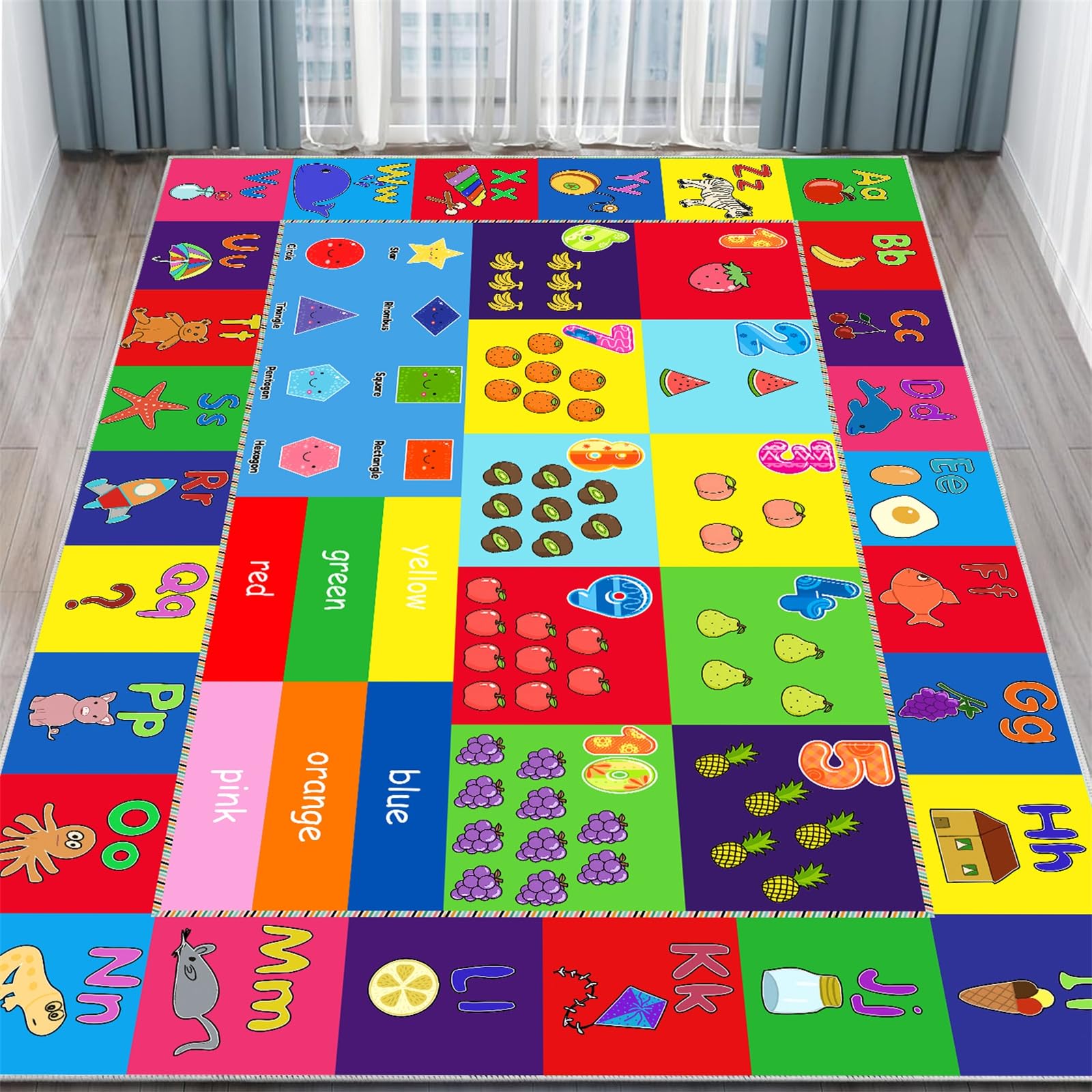 Arzunsy Educational Play Rugs 140x200cm, ABC Numbers Shapes & Animals Learning Rug with Road Car Pattern, Soft Washable Non-Slip Carpet for Floor Playroom Room Decor