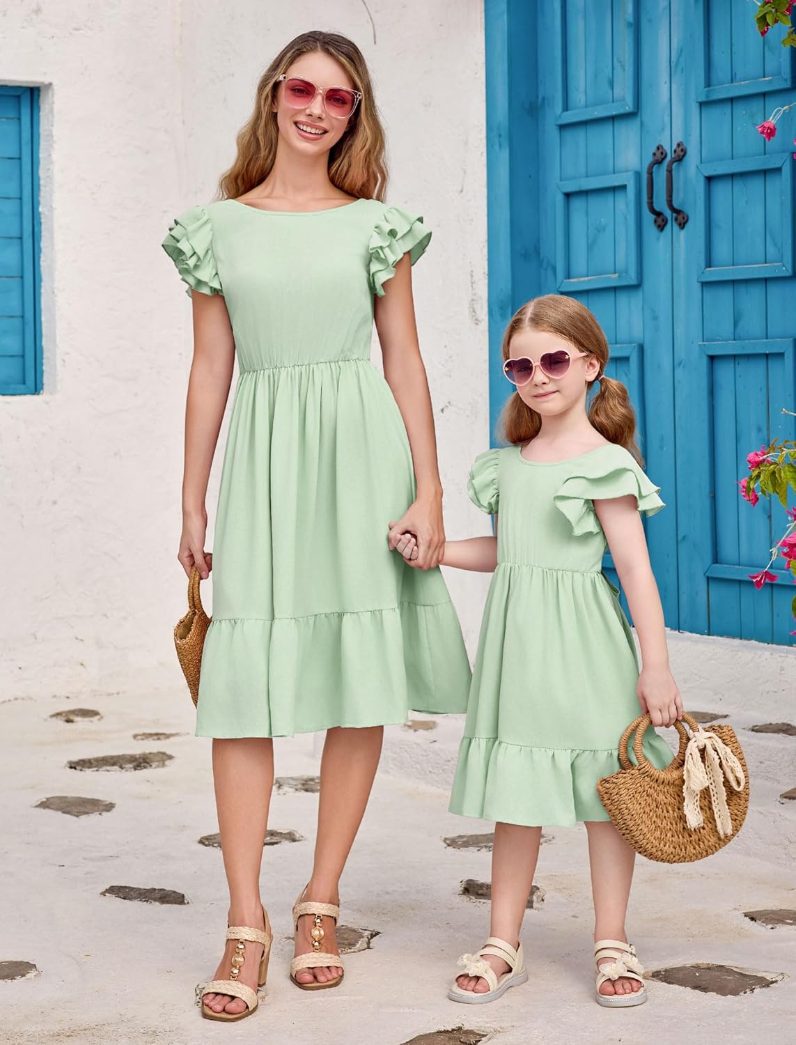 AWIBMK Mother Daughter Boho Dress Mommy and Me Summer Casual Holiday Flutter Sleeve V-Back Bowknot A-Line Dresses - Image 2