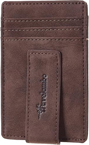 Travelambo Portamonedas con clip para el dinero para hombres, cartera de cuero delgada minimalista, titular de tarjeta con bloqueo RFID (tejido