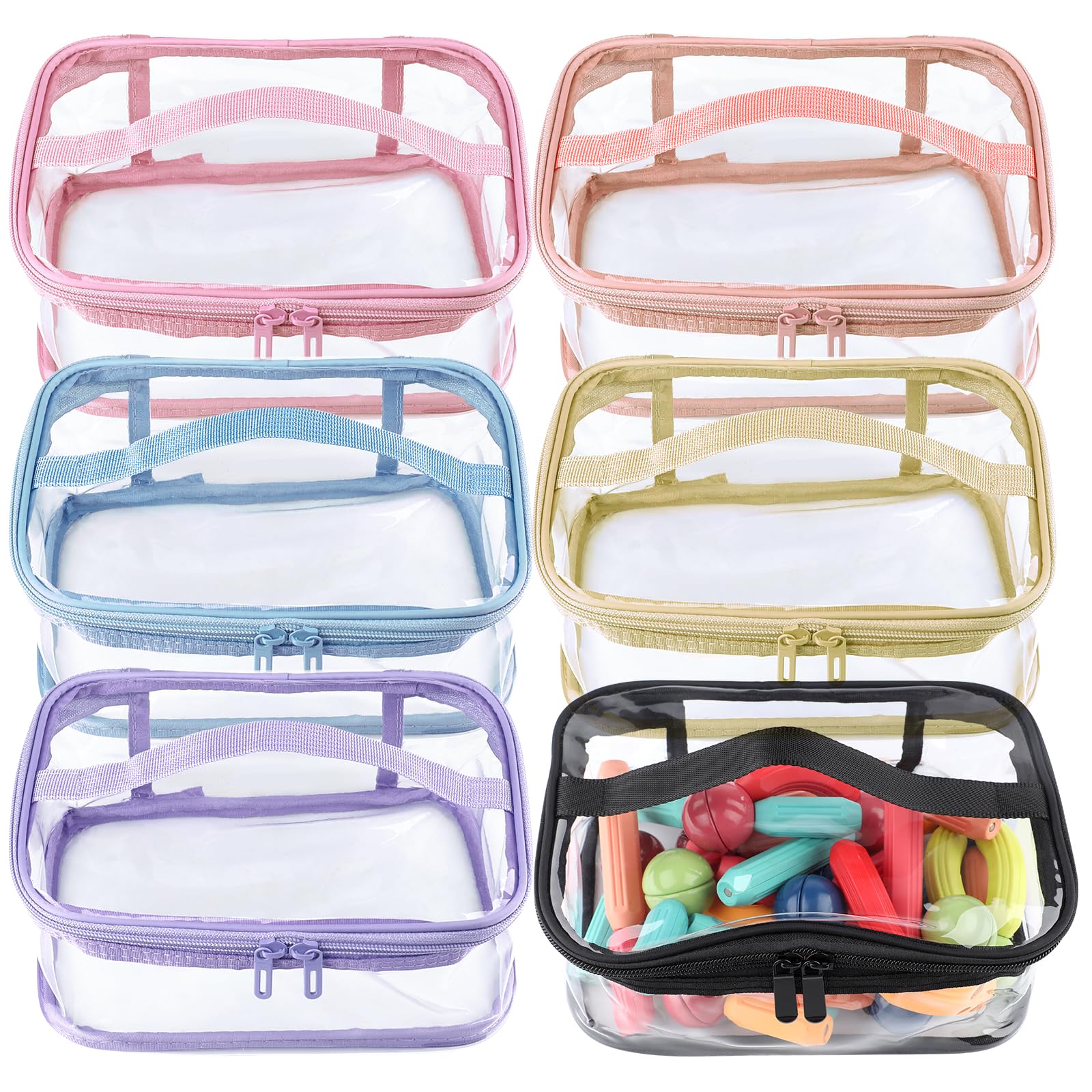 6 bolsas pequeñas de almacenamiento de PVC para juguetes, bolsa de maquillaje transparente impermeable, bolsa de almacenamiento de viaje transparente con asa, bolsas organizadoras con cremallera para
