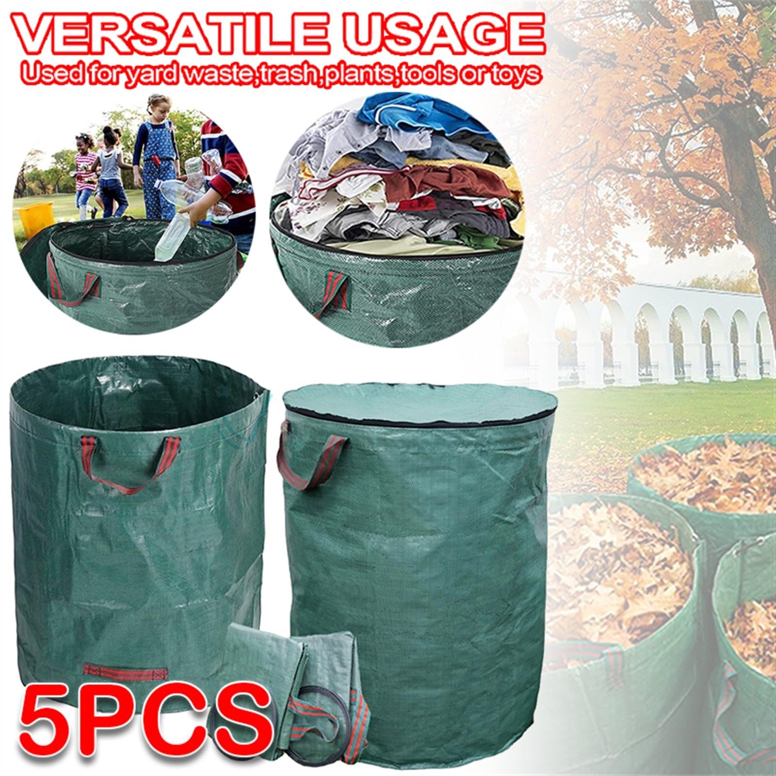 Bolsas de residuos de jardín Bolsa de residuos de alta capacidad for jardín, contenedor de recolección de residuos de hojas, bolsas de PP impermeables reutilizables multifuncionales, 1/3/5 Uds.(32 Gal