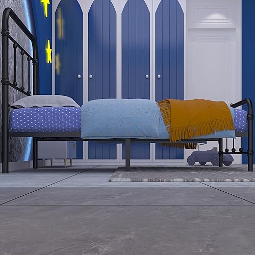 Miniatura 4 de Marco de cama individual con plataforma de metal y cabecero de estilo vintage, tamaño individual con espacio de almacenamiento debajo del marco, 14