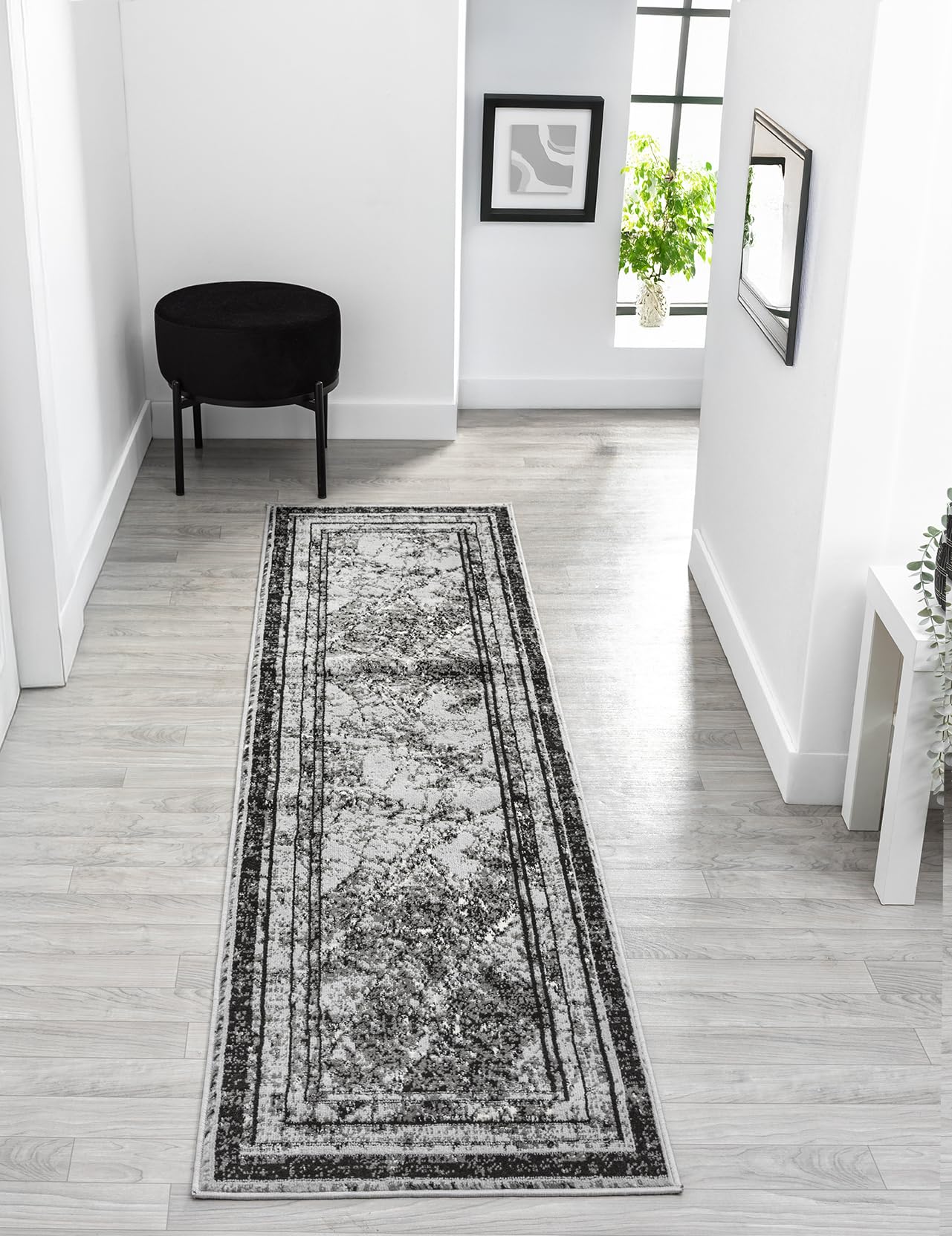 Obsidian Modern Low Pile Area Rug - Frame Abstract Design - Grey - 60cm x 220cm