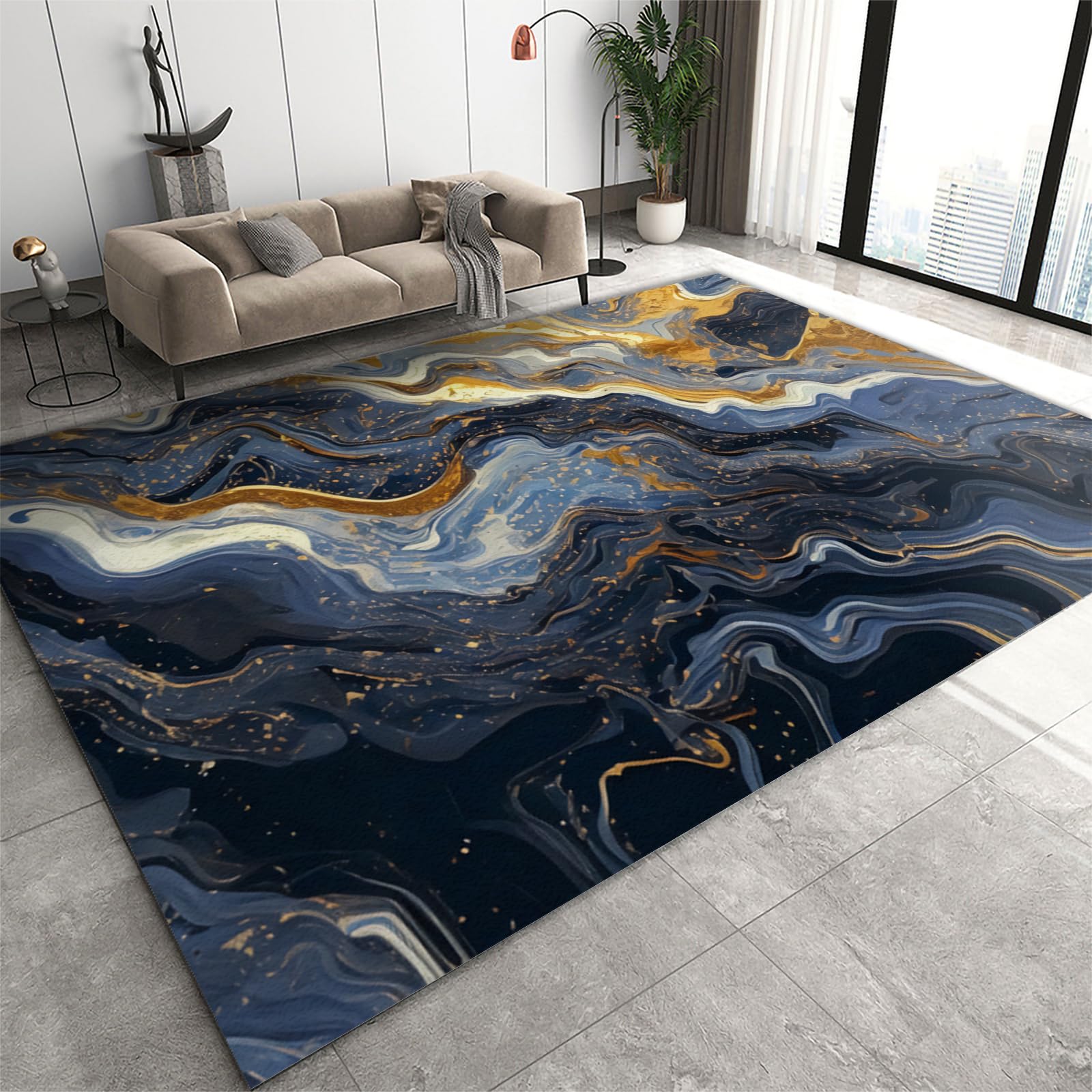 Tapis bleu et or 1,5 x 2,4 m au motif abstrait pour parquet de salon