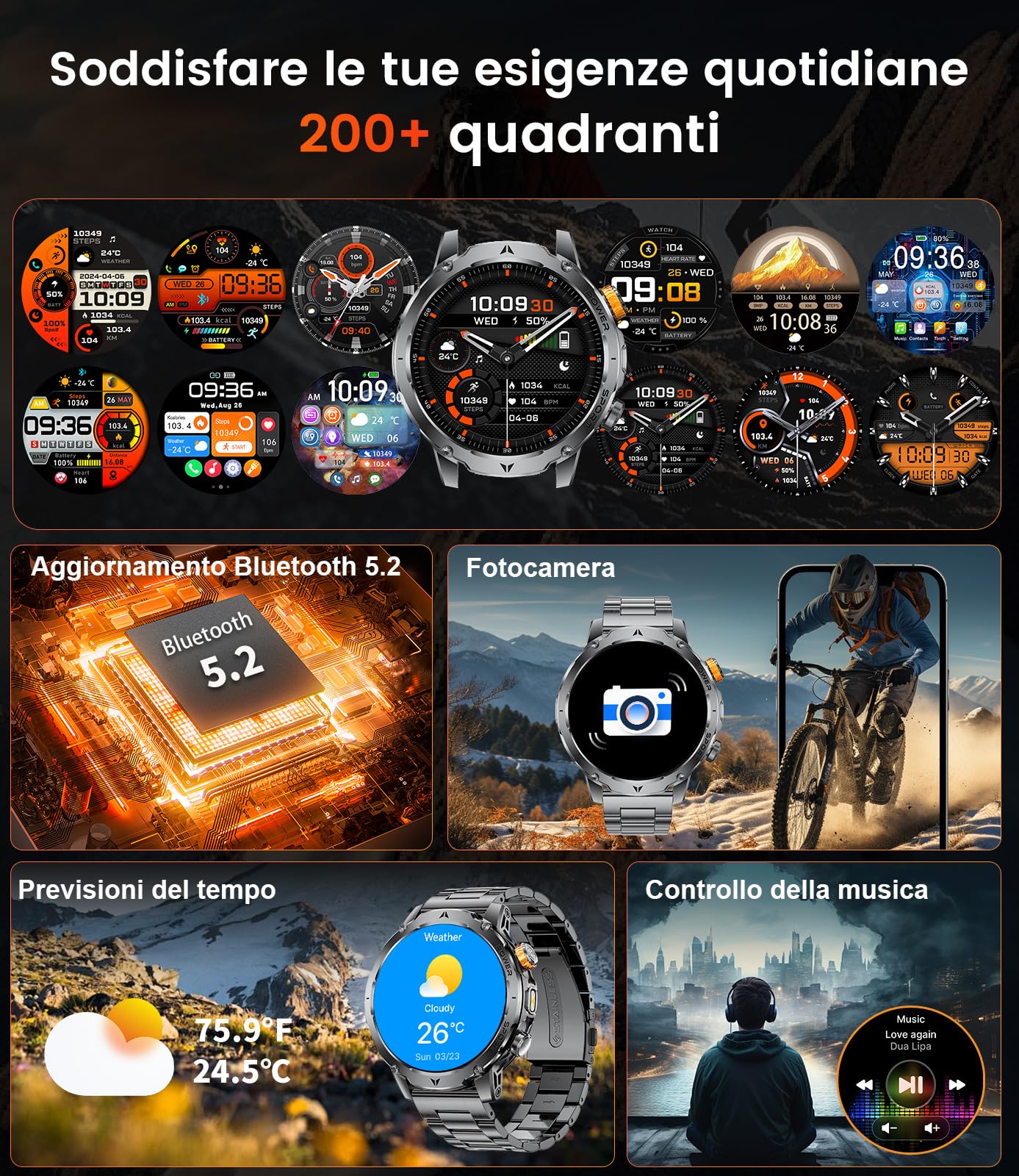 EF24 Smartwatch Uomo Militare con Torcia LED, Batteria 1000mAh, 1,85” HD Fitness Tracker, 100 Modalità Sportive, IP68 Impermeabile, 3 Cinturini, Compatibile Android e iOS, Nero