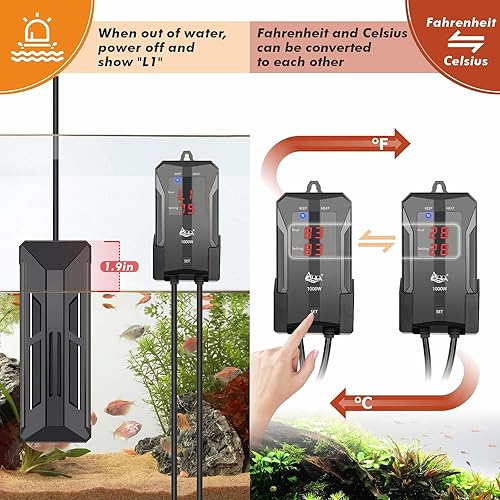 Miniatura 3 de AQQA Calentador de acuario, calentador sumergible de acero inoxidable 316 de 100 W, calentamiento rápido de 59  a 93 , protección de seguridad a