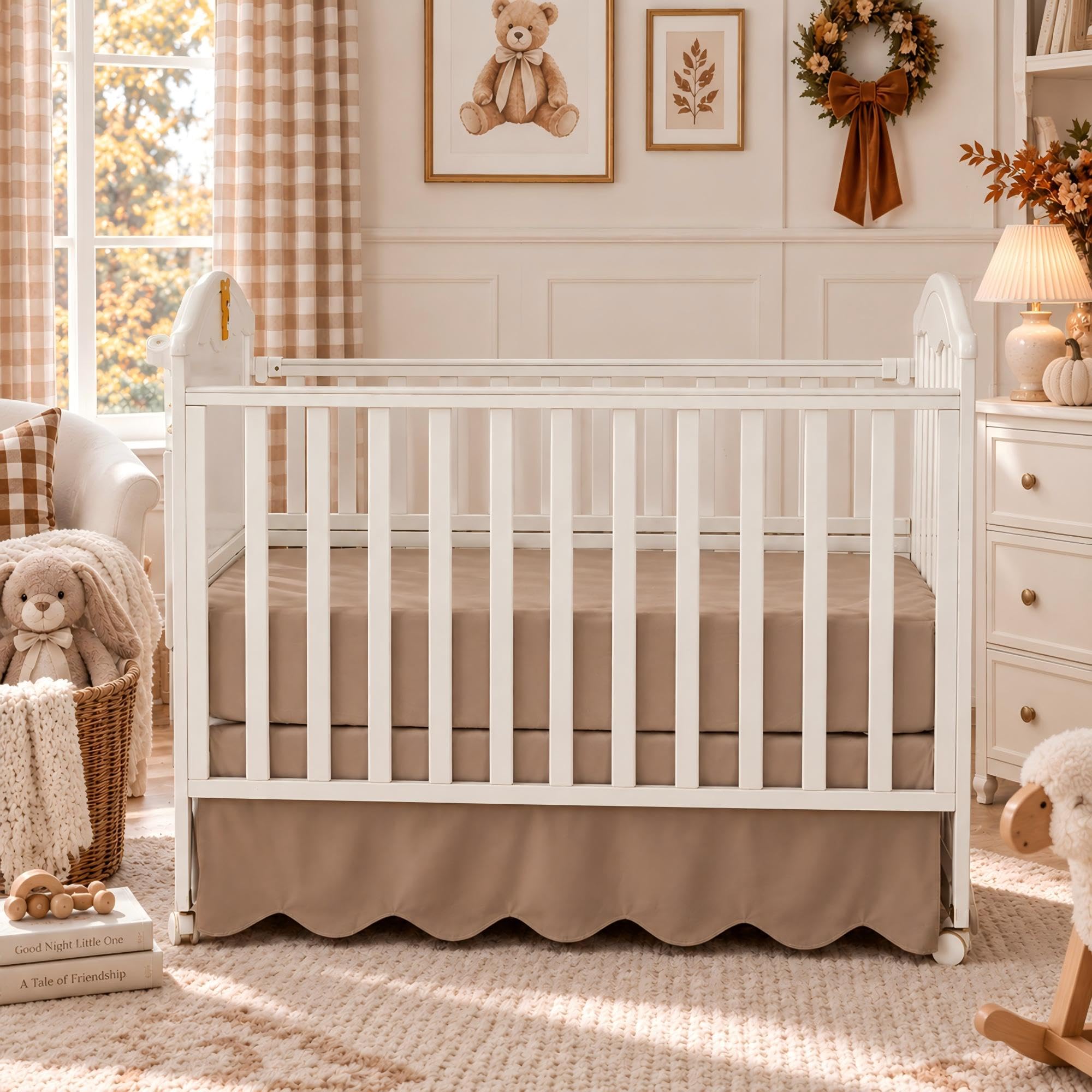 Brandream Scalloped Edge Organic Cotton Crib Skirt Toddler Bedskirt, Brown