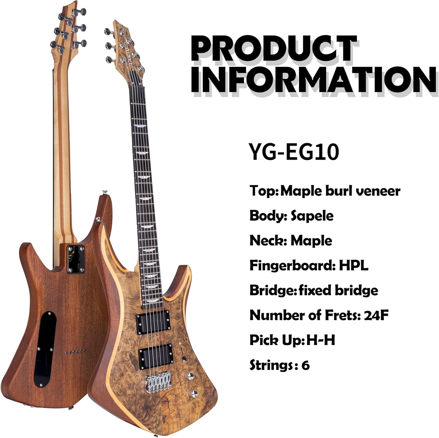 TARIO 6-String Electric Guitar, Maple Burl Veneer Top, Sapele Body, Maple Neck, 24 Frets, HPL Fingerboard, Dual Humbucker Pickups (H-H), Fixed Bridge – Modern Ergonomic Design for Stage & Studio