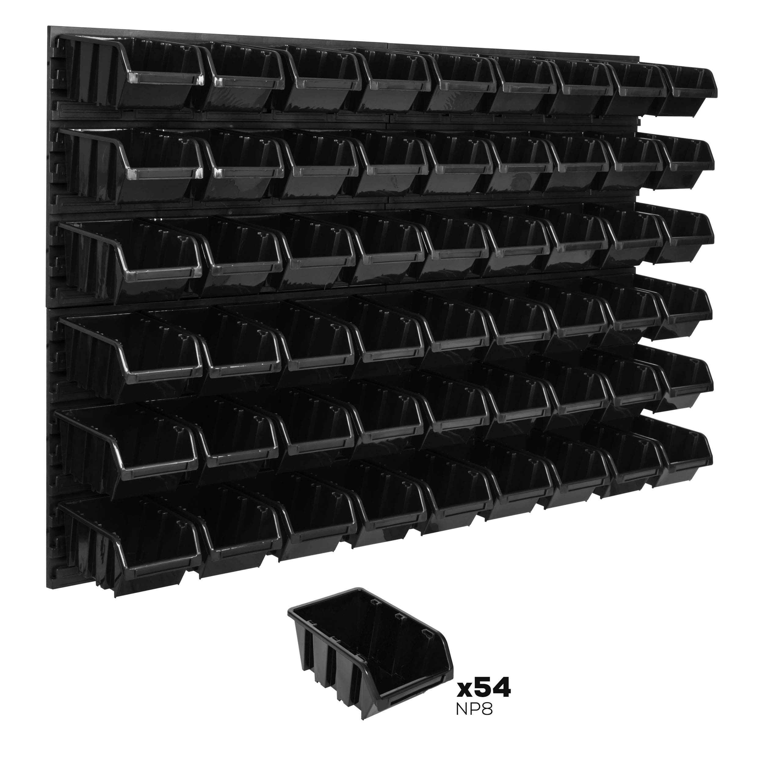 System magazynowy regał ścienny 1152 x 780 mm, 54 szt. pudełka, pojemniki do układania w stos, pojemniki do przechowywania, bardzo mocne płyty ścienne, regał, możliwość rozbudowy, regał warsztatowy, magazyn, regał ścienny, regał wtykowy