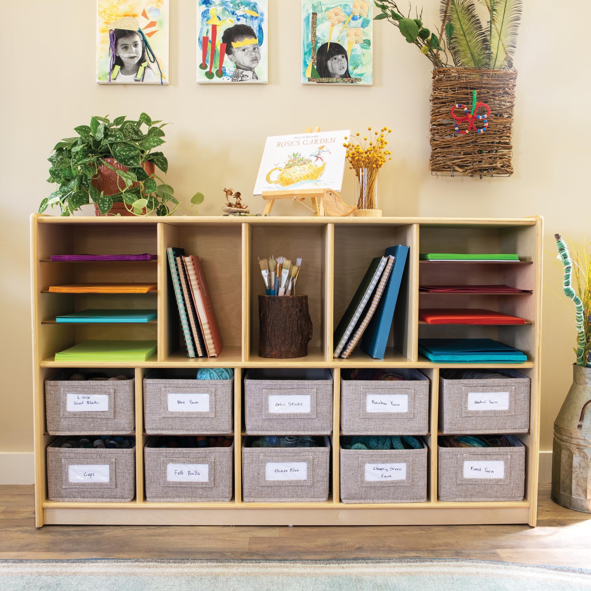 EdQ Shelves and 10 Bin Storage Unit- Natural: Multi-Functional Cube Storage Organizer or Bookcase, Wooden Cabinet for School and Home, Teacher's Book Cubby and Toy Shelf