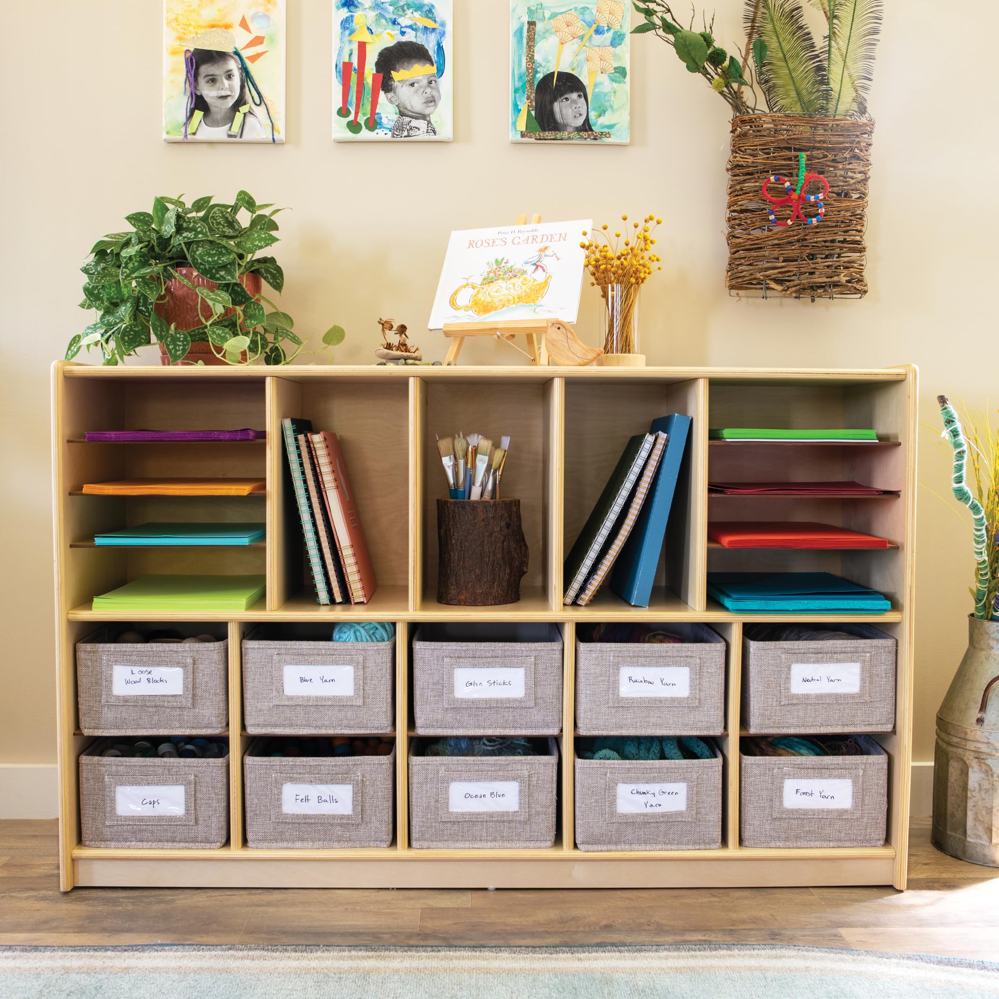 - Guidecraft EdQ Shelves and 10 Bin Storage Unit- Natural: Multi-Functional Cube Storage Organizer or Bookcase, Wooden Cabinet for School and Home, Teacher's Book Cubby and Toy Shelf