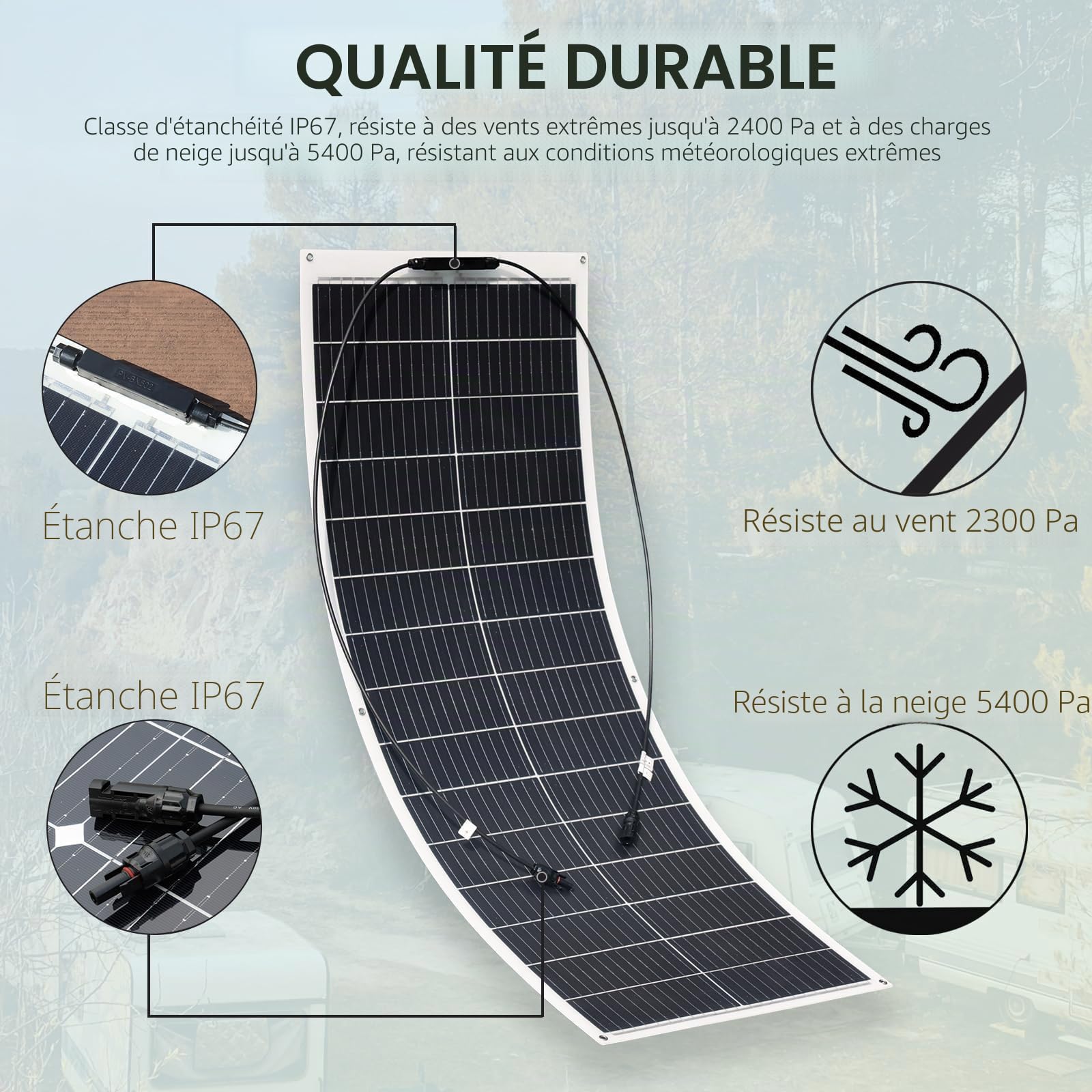 XINPUGUANG Kit Panneau Solaire Souple 100W 12V,Panneau Solaire Flexible Monocristallin pour Camping-Car, Camper, Van, Batterie 12v,Bateaux et Autres Surfaces Inégales
