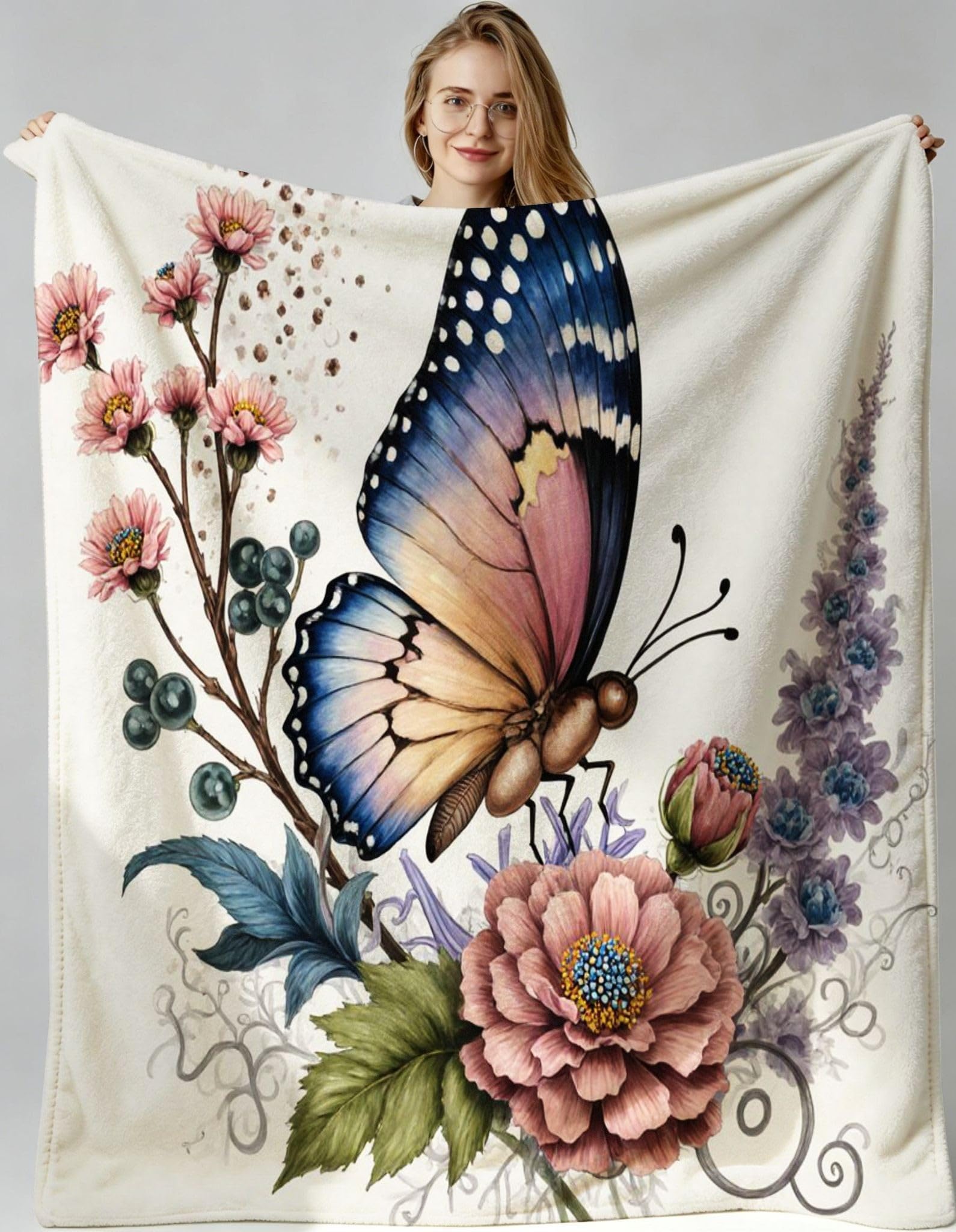 Couverture polaire papillon fleurs grand format 240x260 haut de gamme