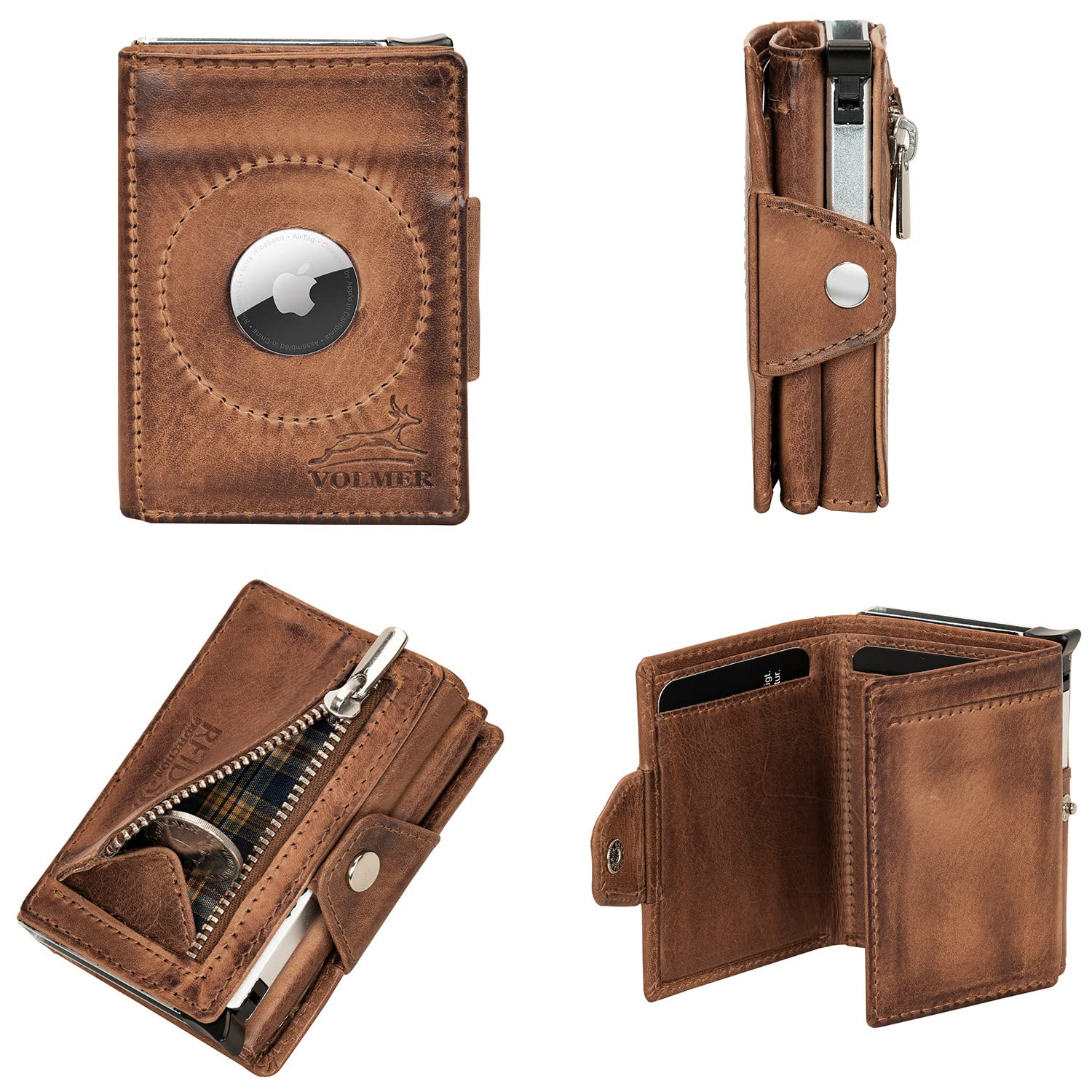 Fa.Volmer ® Echt-Leder AirTag Kartenetui mit Münzfach - max. 12 Karten - RFID Schutz - Herren & Damen | Geldbörse VO34 (Antique Brown)