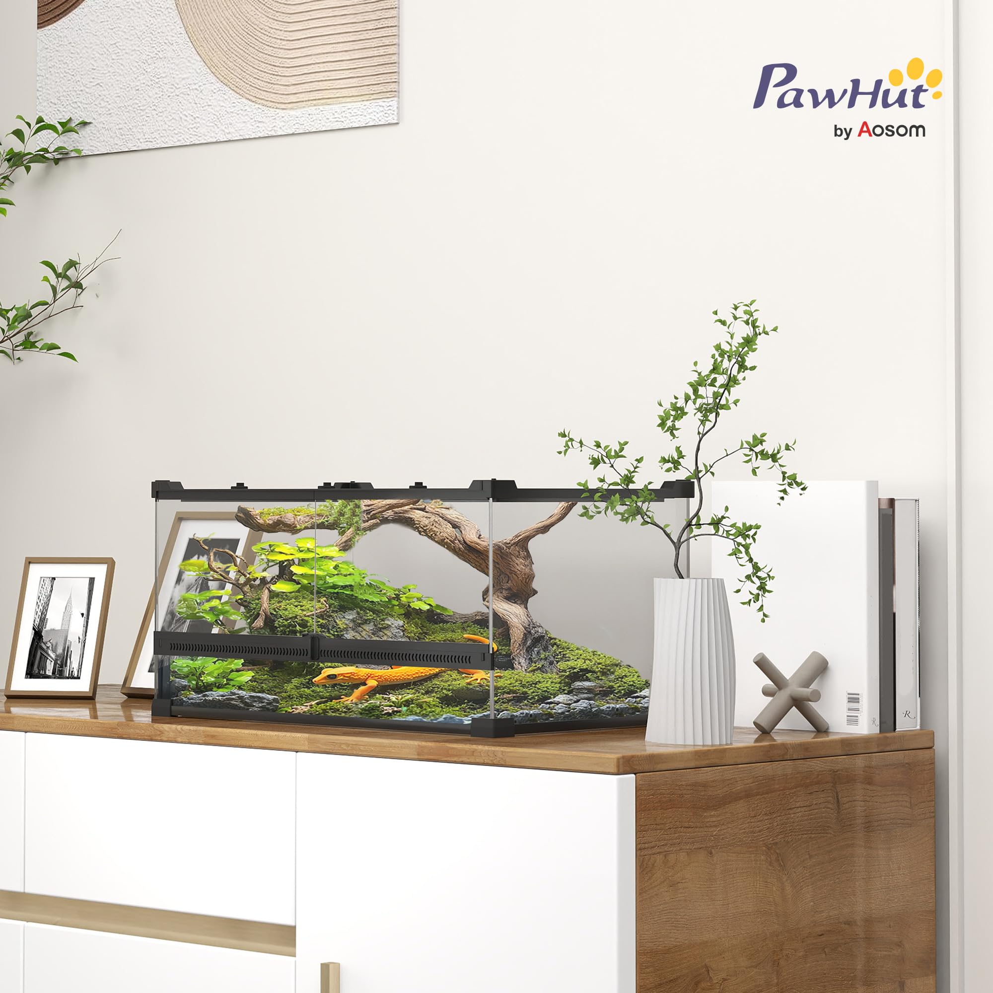 PawHut Terrarium dla gadów, szklane sterrarium 34 l, pudełko na karmienie gadów, z przednią wentylacją, odporne na wybicie zamknięcie obrotowe dla pająków, czarne, 50 x 30 x 25 cm