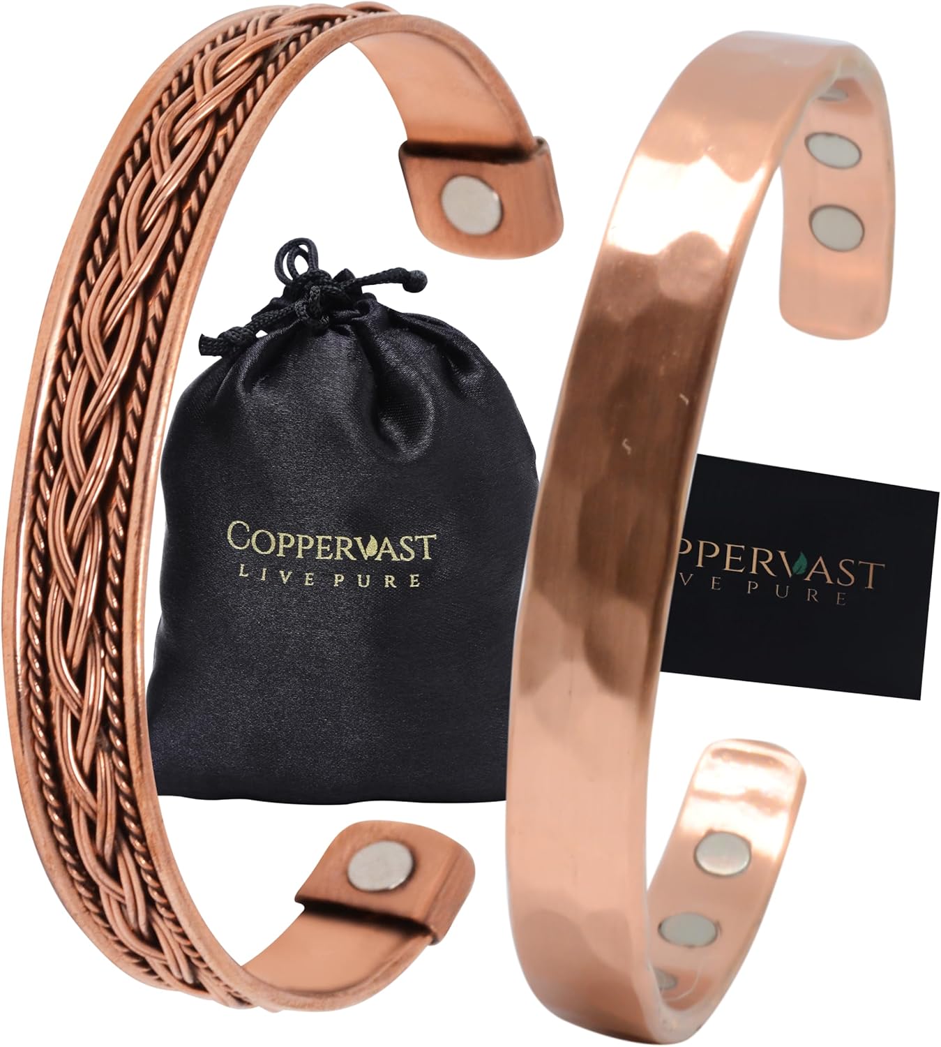 Coppervast Copper Bracelets- for Men and Women| Set of 2 with Gift Box| Gift for Women & Men| Handmade 100% Copper (Hammered and Chain Inlay)