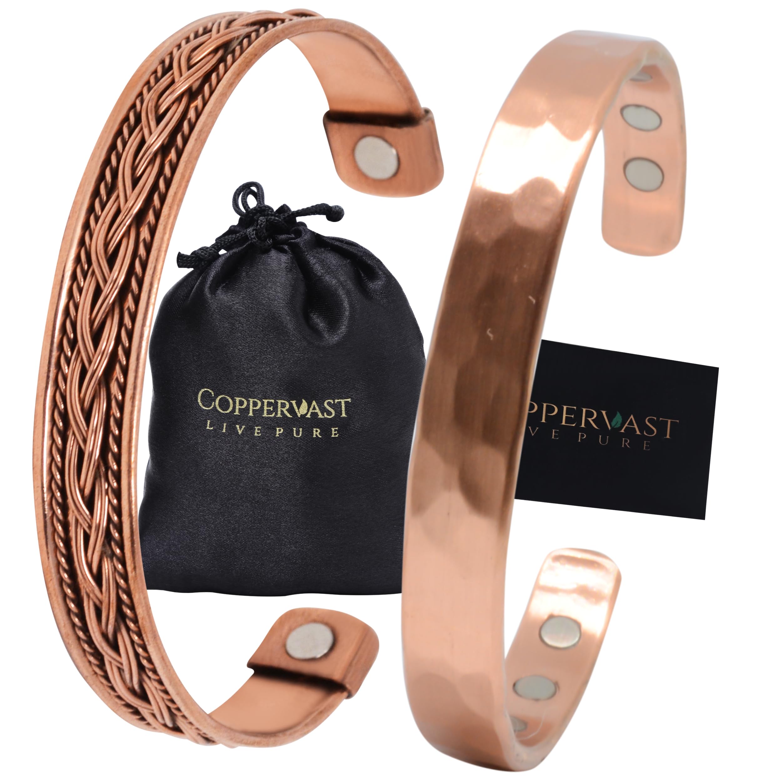 Coppervast Copper Bracelets- for Men and Women| Set of 2 with Gift Box| Gift for Women & Men| Handmade 100% Copper (Hammered and Chain Inlay)
