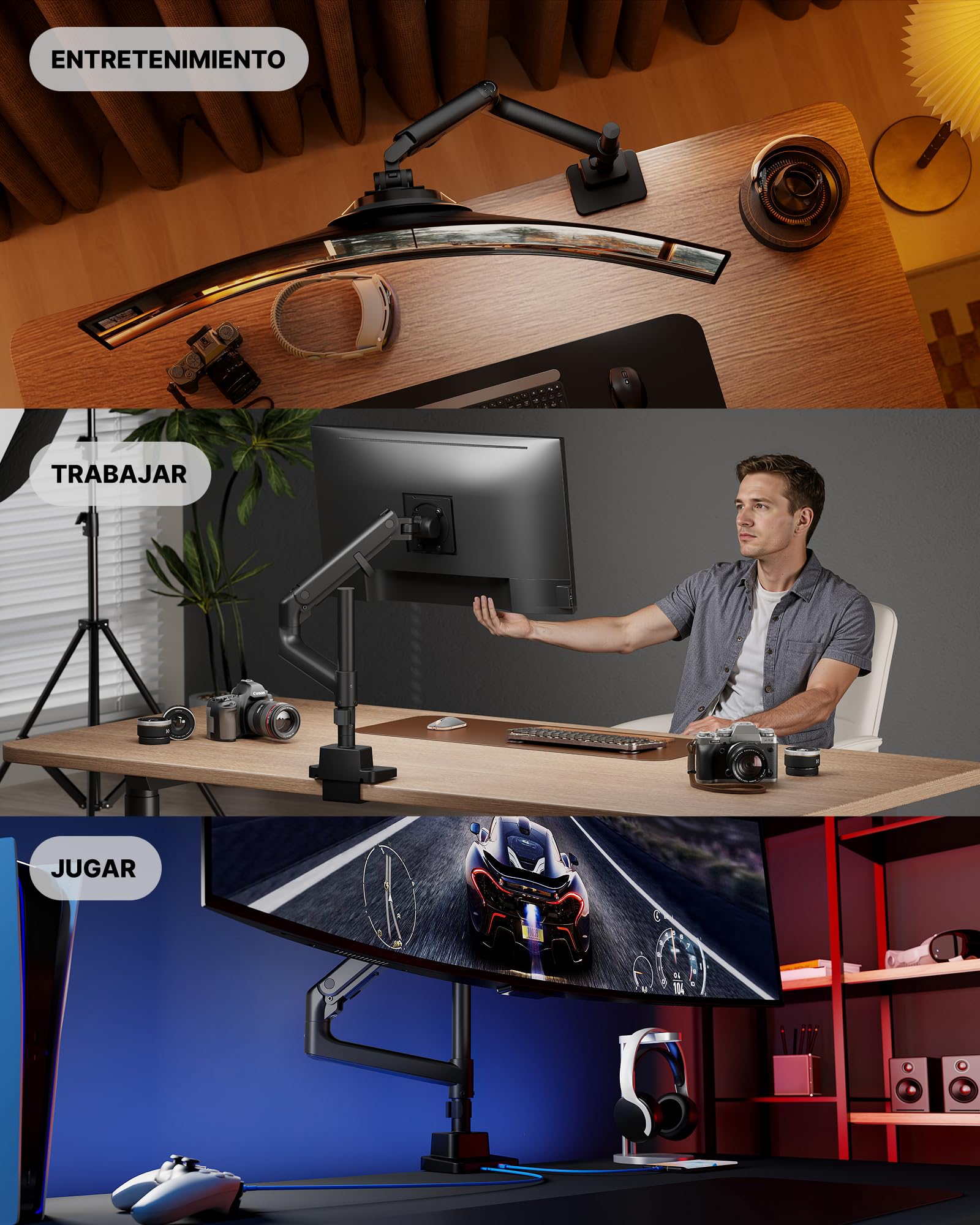 monTEK Soporte Monitor con Poste Alto y USB para 17-57" | Brazo de gas con diseño curvo para escritorios y monitores ultrapanorámicos, compatible con VESA 75x75/100x100, negro.