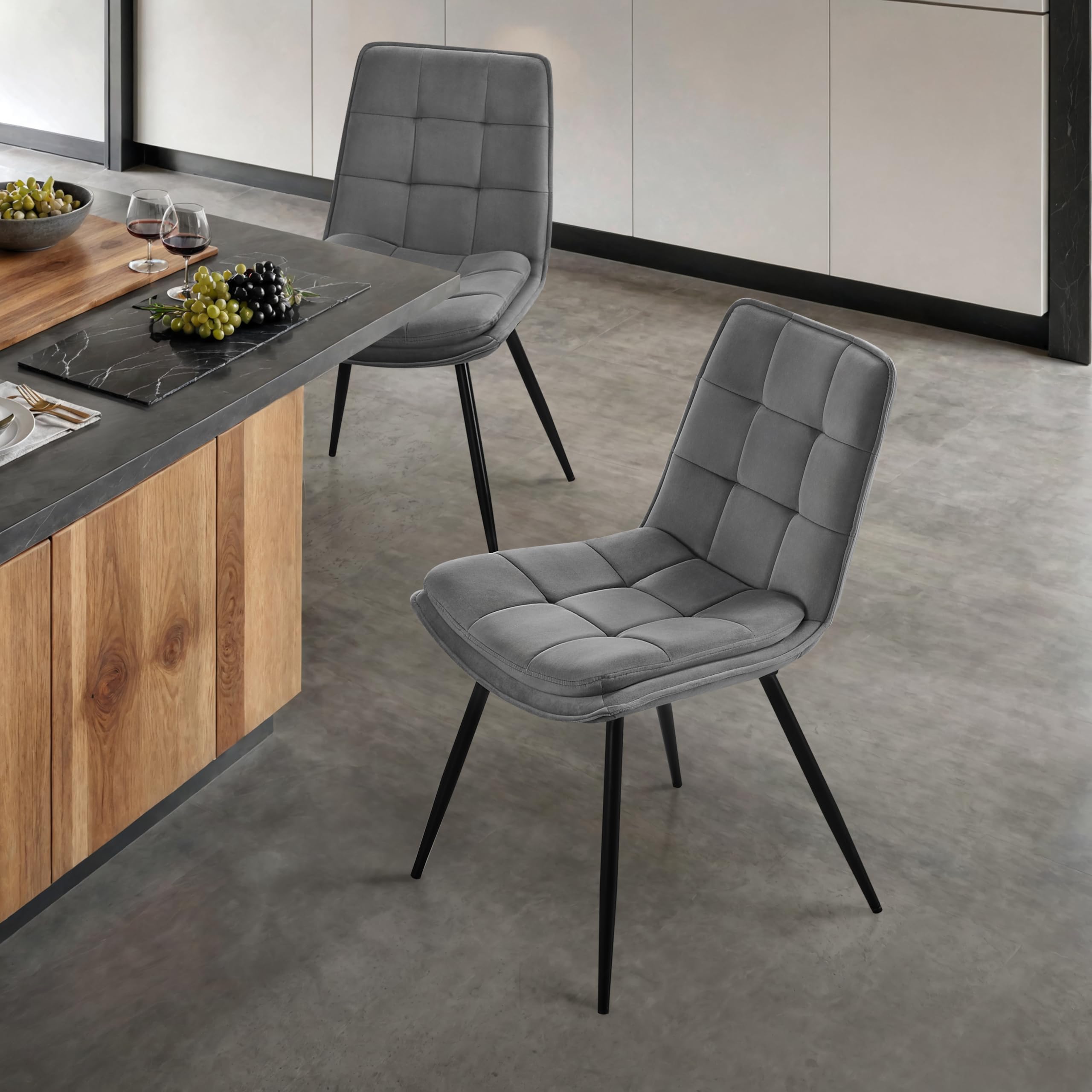 STOOLINK Juego de 2 Sillas de Comedor, Silla de Comedor de Terciopelo, Silla de Cocina Moderna sin Reposabrazos, Silla de Tapizadas Diseño de Tablero de Ajedrez para Cocina, Salón - Gris