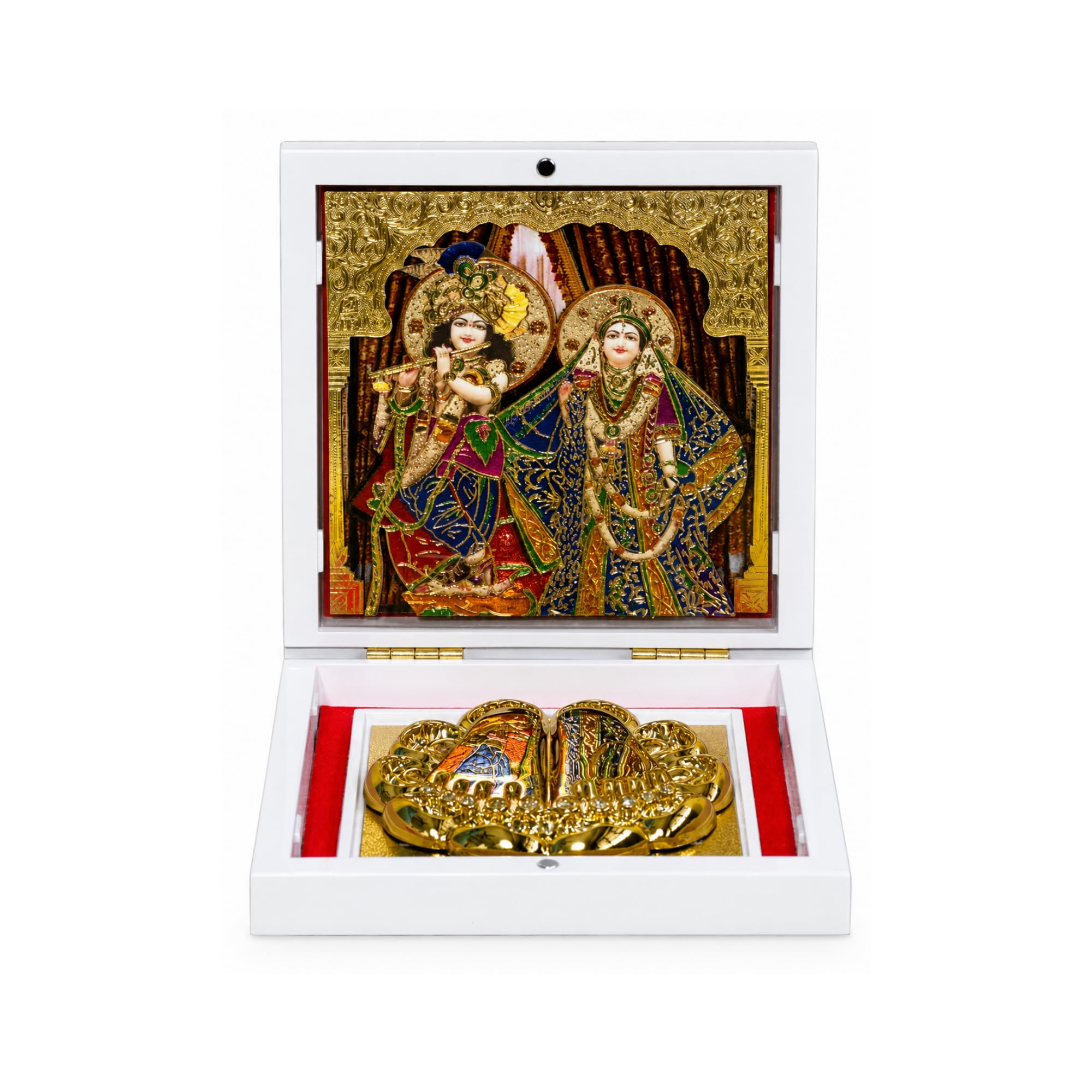 Radha Krishna Pooja Box for Home Temple | Gold Plated Religious Box | Premium Mandir Gift Set | Spiritual Gift for Home & Office-image-16