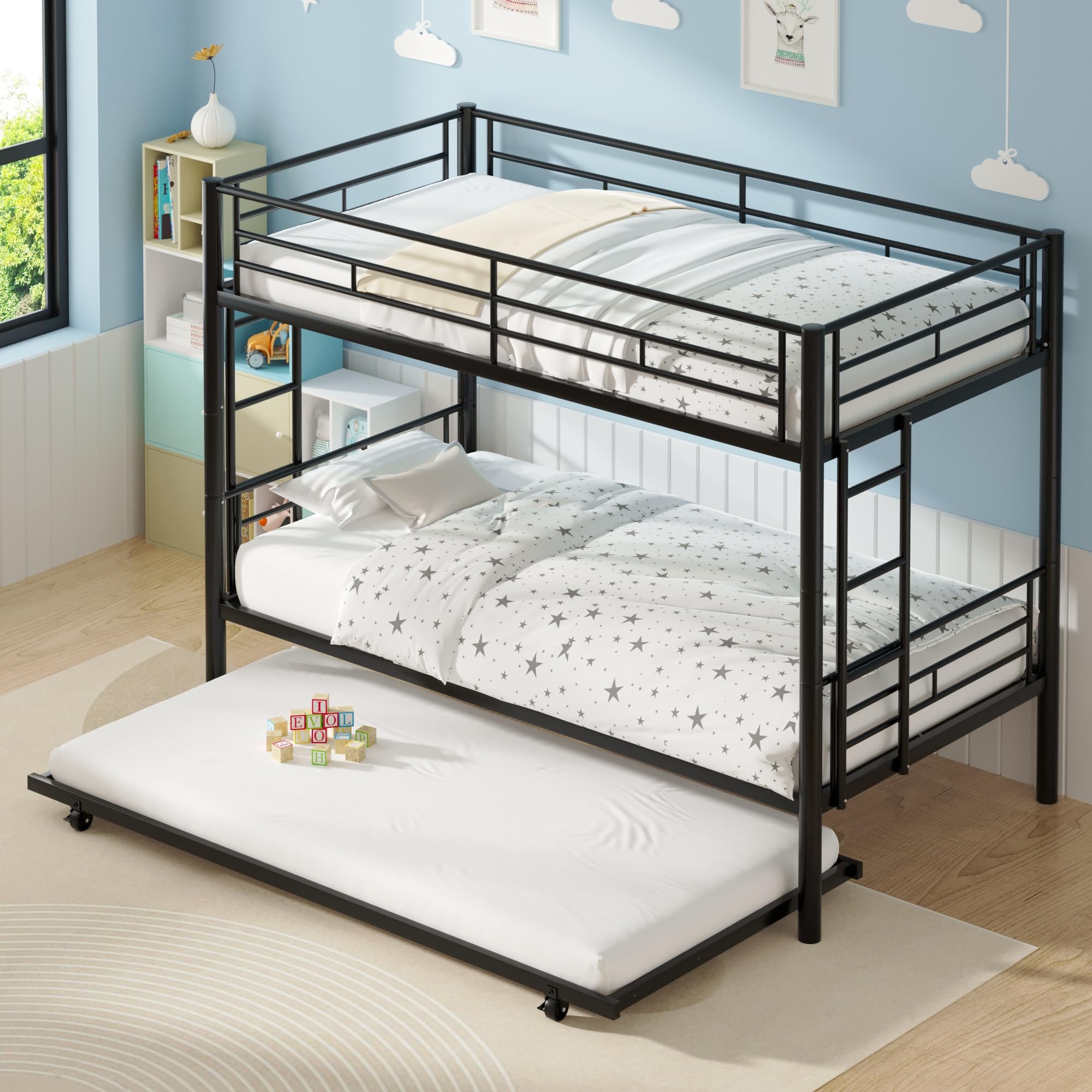 Twin Bunk Bed with Trundle, Metal Bunkbeds with Ladder and Full-Length Guardrail, Noise Free, No Box Spring Needed, Black