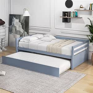 GIANTEX Twin Wood Daybed with Pullout Trundle, Slat Support, and Casters, Grey
